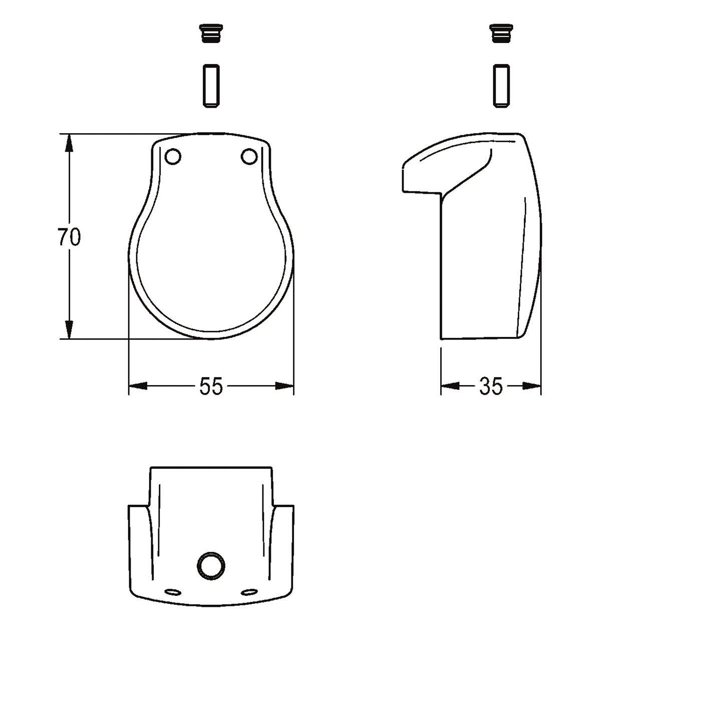 Technische Zeichnung einer kleinen Befestigungshalterung oder eines Gehäuses mit Vorder-, Seiten- und Draufsicht, beschriftete Abmessungen: 70 mm Höhe, 55 mm Breite und 35 mm Tiefe.