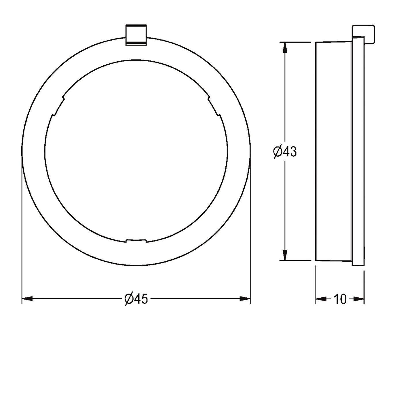 Technische Zeichnung eines kreisförmigen Rings oder einer Unterlegscheibe mit einer kleinen oberen Lasche, zeigt Durchmesserabmessungen von 45 mm Gesamtdurchmesser, 43 mm Innendurchmesser und 10 mm Dicke.