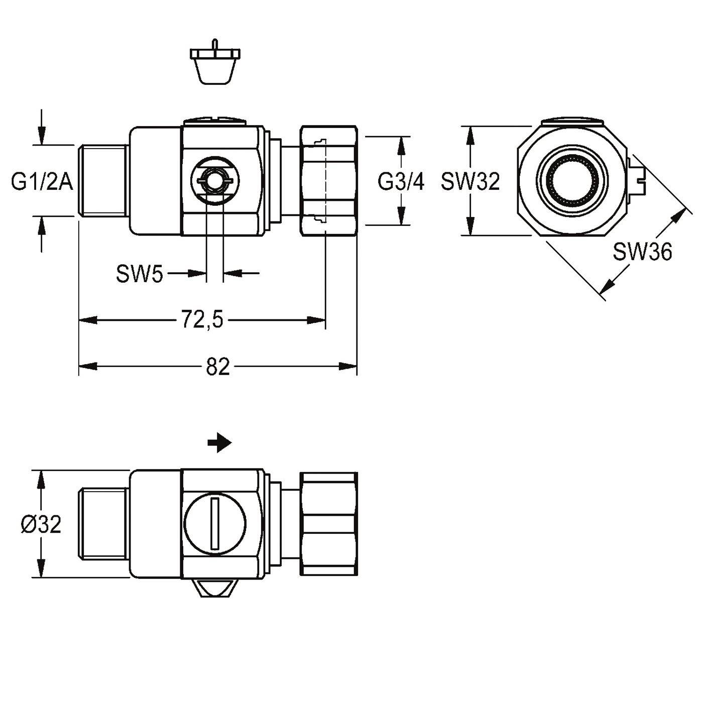 Technische Linienzeichnung eines Ventils/Verbindungsstücks mit Vorder-, Seiten- und Endansichten, die Abmessungen und Gewindegrößen G1/2A, G3/4, SW5, SW32, SW36, 72,5, 82 und Ø32 zeigen.