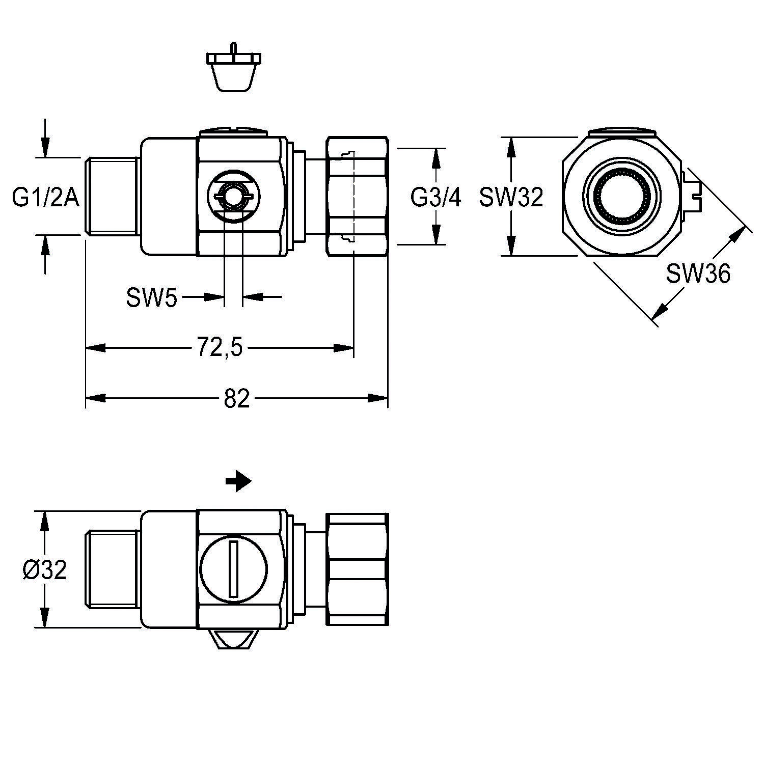 Technische Zeichnung eines mechanischen Ventils mit detaillierten Maßen. Enthält Beschriftungen wie 'G1/2A', 'G3/4' und Messungen wie 'SW5', 'SW32', 'SW36', die Bauteilgrößen und Anschlüsse darstellen.