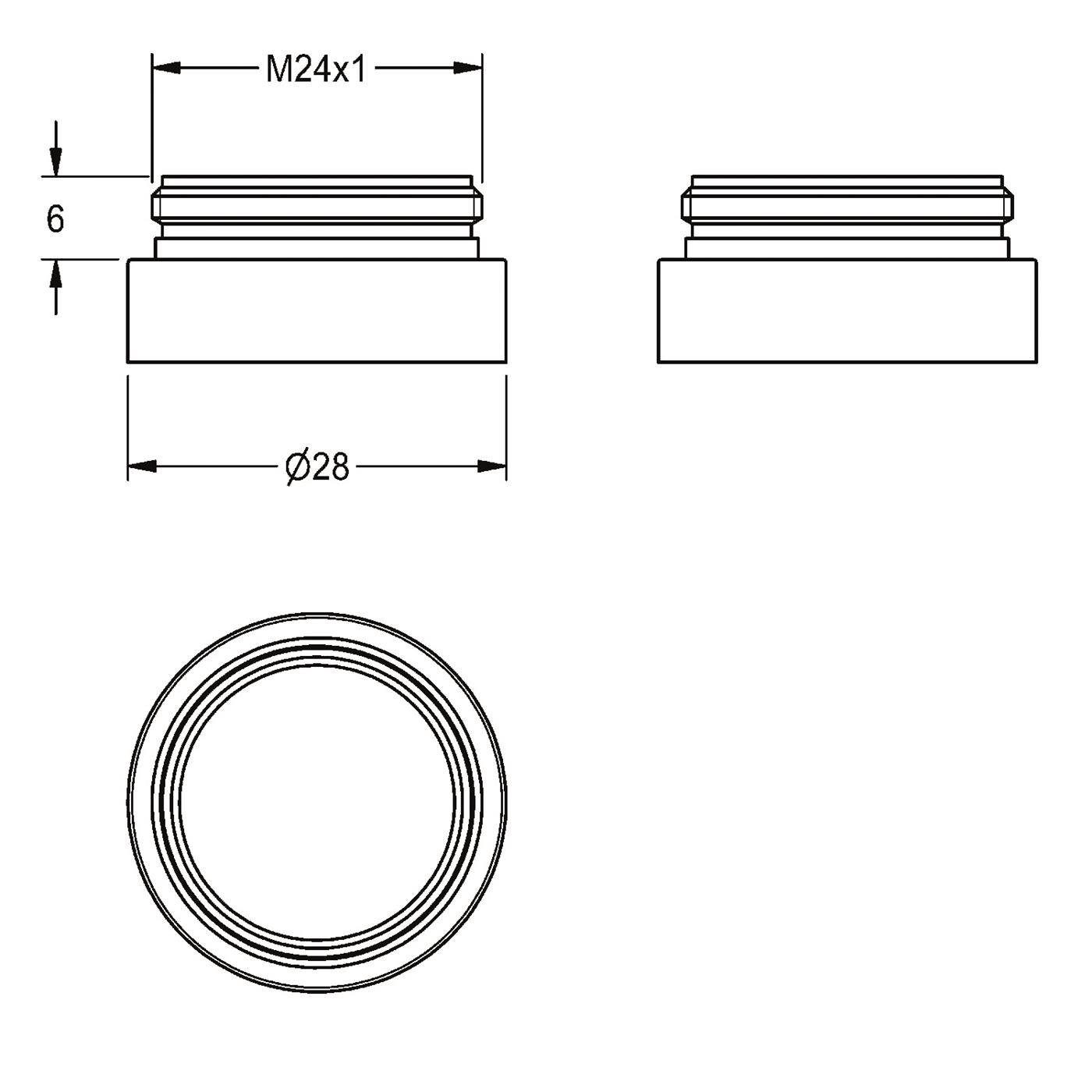 Technische Zeichnung eines Gewindezylinders mit M24x1 Oberflächengewinde, 6 mm Höhe und 28 mm Durchmesser, dargestellt in Seiten- und Draufsicht.