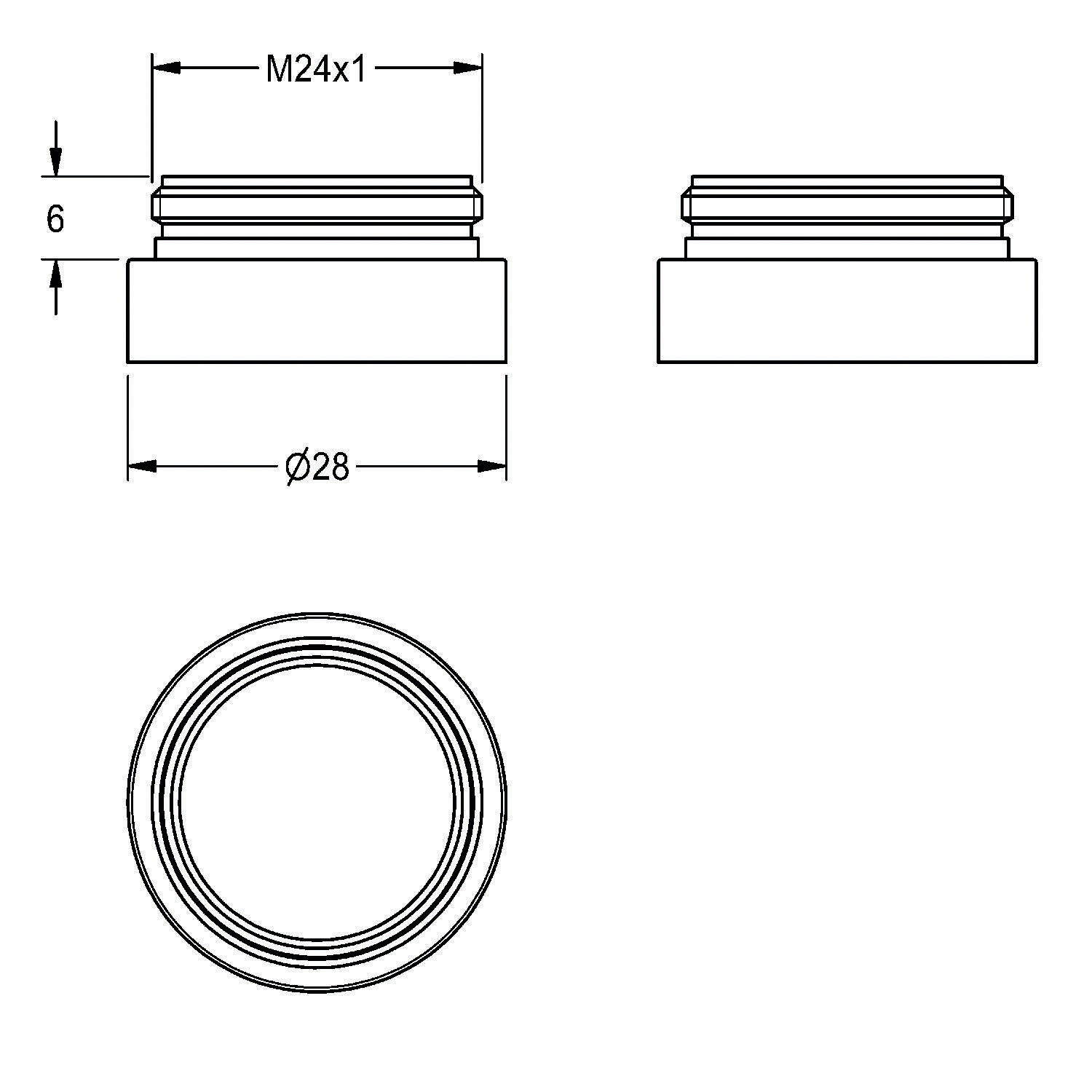 Technische Zeichnung eines zylindrischen Objekts mit gewindeter Oberseite. Abmessungen umfassen M24x1 Gewinde, 6 mm Höhe, 28 mm Durchmesser.