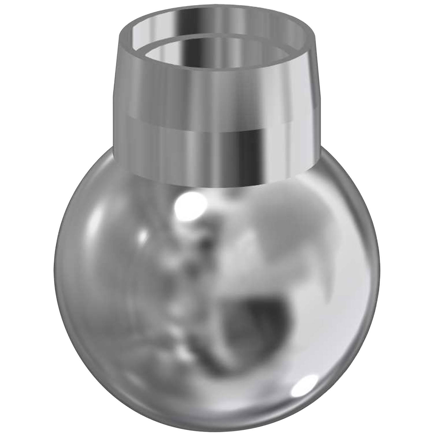 Ein reflektierender Metallzylinder, der an einen kugelförmigen Glaskörper mit glänzender Oberfläche vor einem schwarzen Hintergrund angebracht ist.