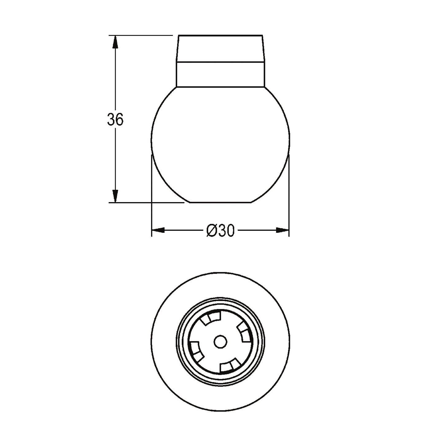 Technische Zeichnung eines runden Teils: Vorderansicht zeigt 36 mm Höhe und 30 mm Durchmesser; Unteransicht zeigt kreisförmige Fläche mit inneren vertieften Details.