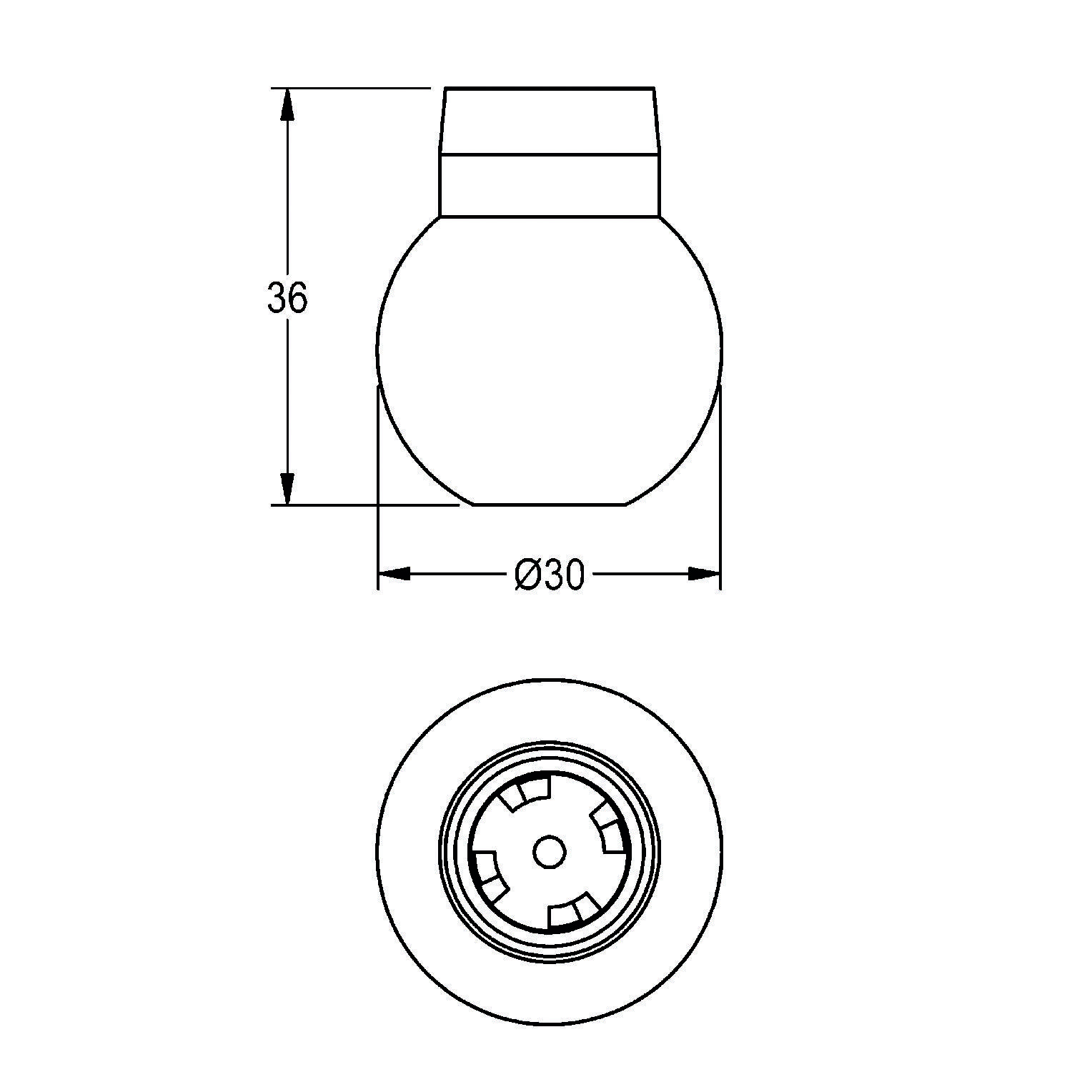 Technische Zeichnung eines kreisförmigen Objekts mit Maßangaben: Höhe 36 mm, Durchmesser 30 mm. Enthält eine Ansicht von unten, die einen internen Mechanismus zeigt.