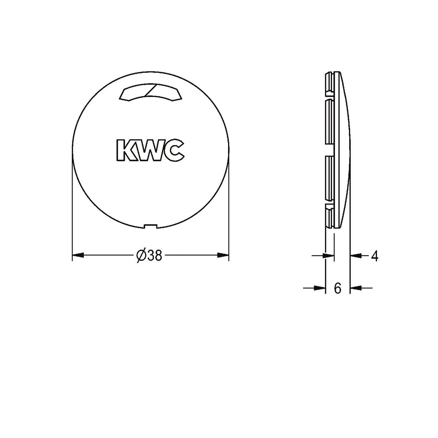 Technische Zeichnung einer runden KWC-Kappe, dargestellt in Front- und Seitenansicht, mit Durchmesser 38 und Dickendimensionen 4 und 6.
