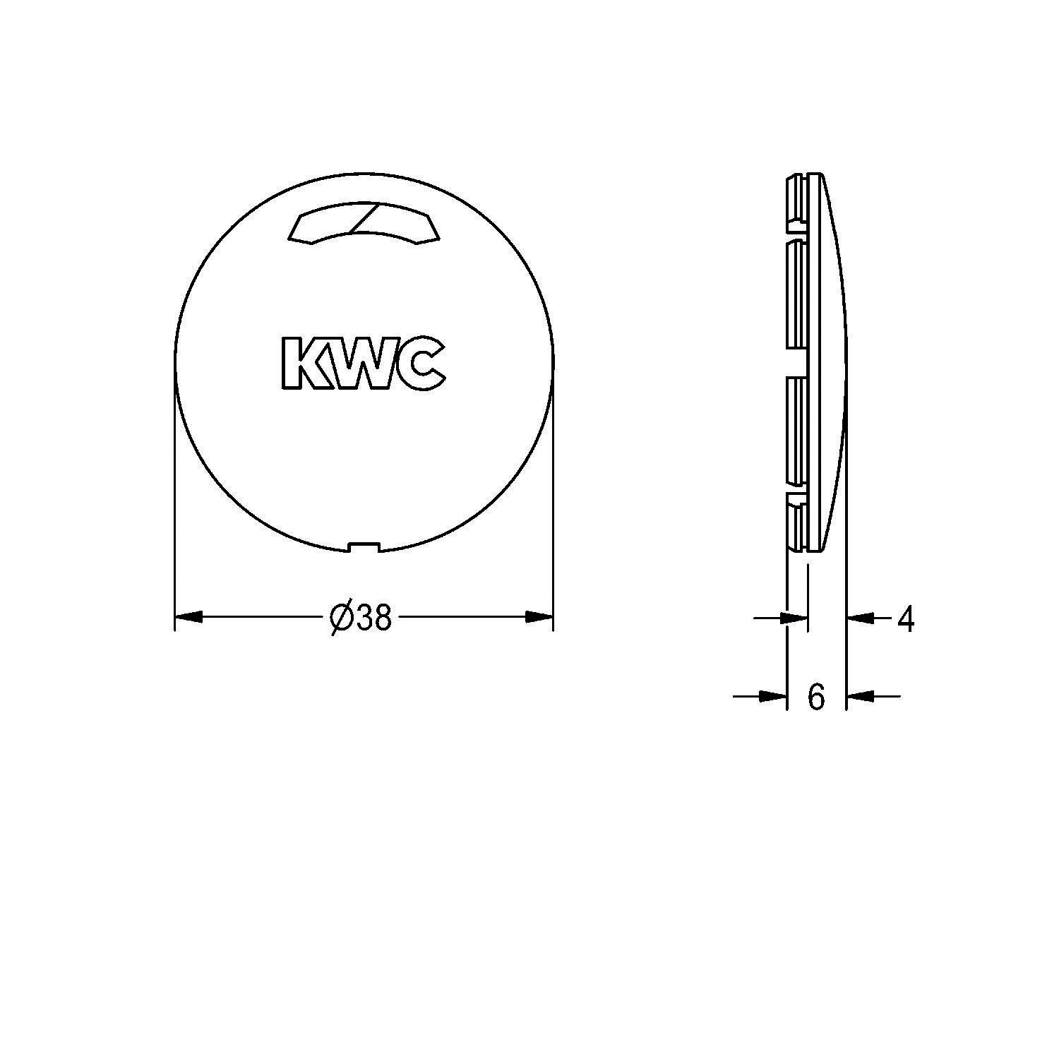 Technische Zeichnung eines runden KWC-Objekts, 38 mm Durchmesser, 6 mm Tiefe, mit einer kleinen Kerbe am oberen Rand, beschriftete Abmessungen.