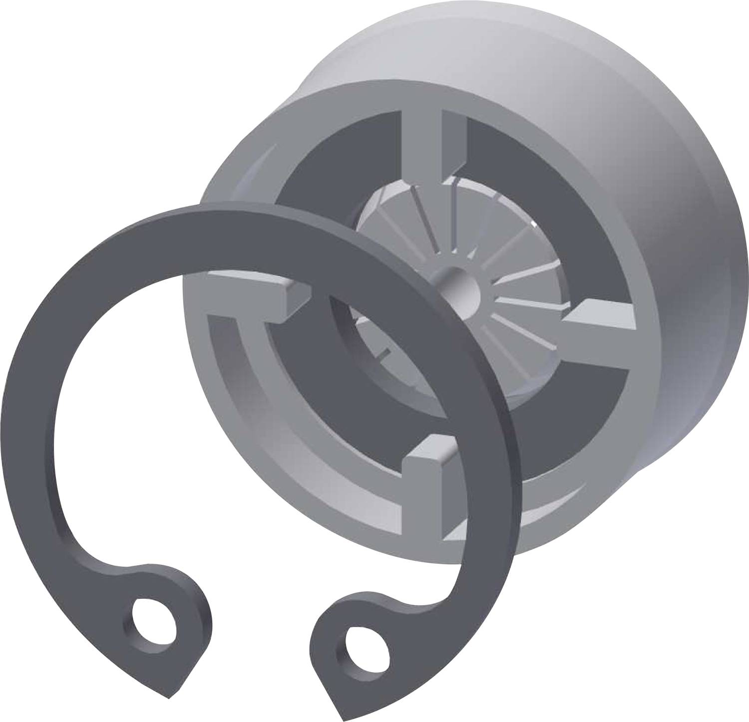 Darstellung einer mechanischen Komponente mit einer kreisförmigen Basis und abstehenden Speichen, daneben ein C-förmiger Metallclip.