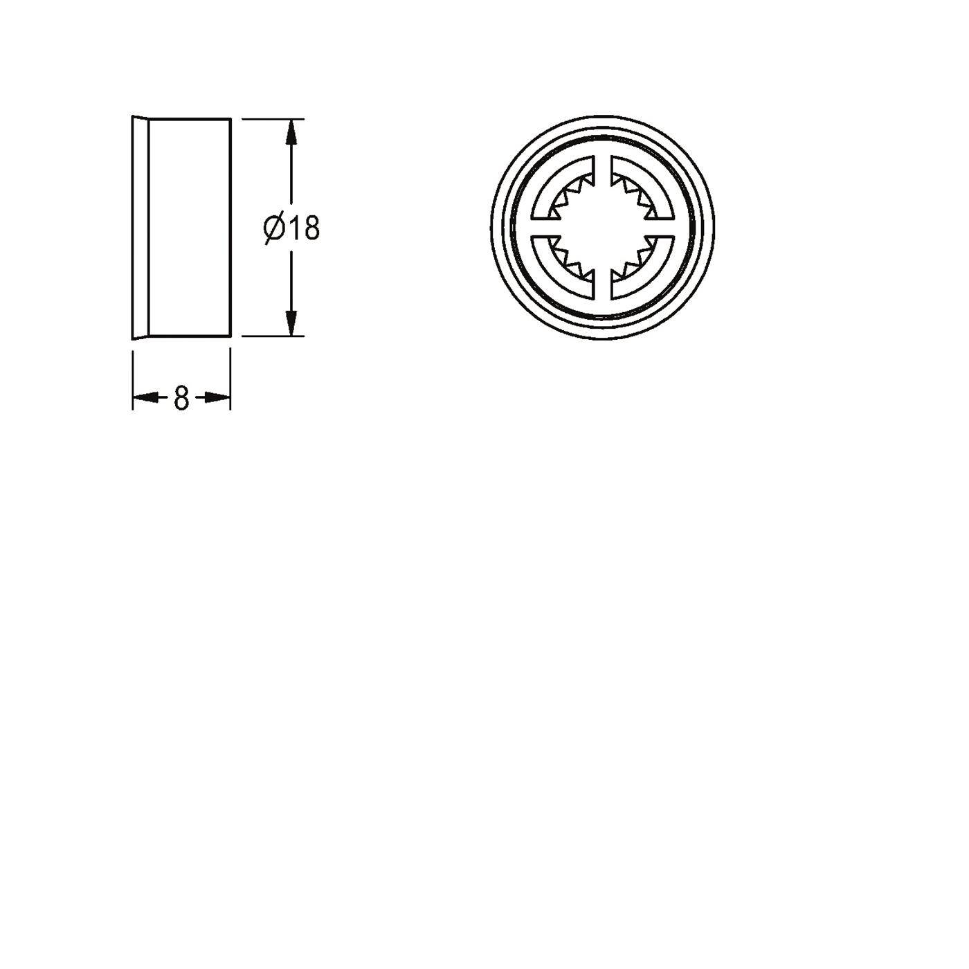 Technische Zeichnung eines Rundteils, die Seiten- und Vorderansicht mit Abmessungen zeigt: Durchmesser 18 mm und Dicke 8 mm.