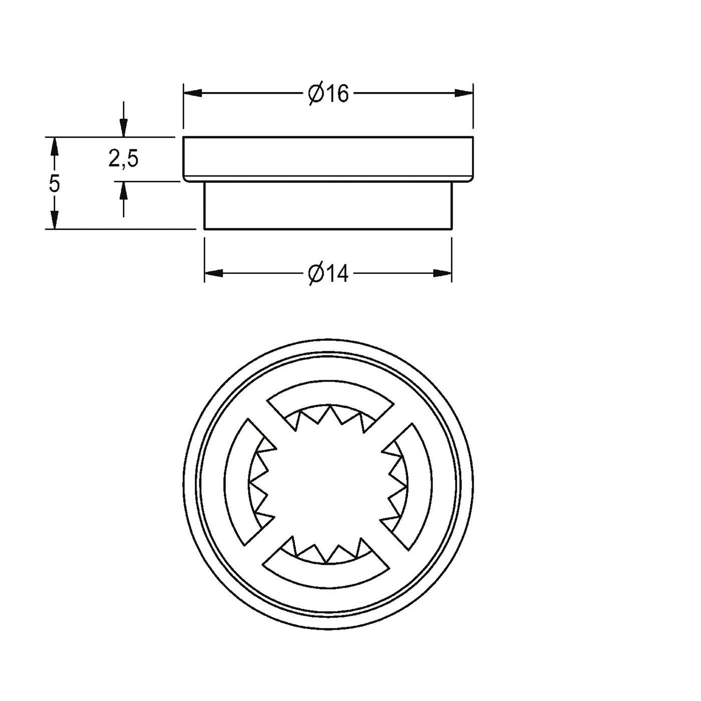 Technische Zeichnung eines runden mechanischen Einsatzes: Draufsicht und Seitenansicht mit Abmessungen Ø16, Ø14, Höhe 5 und 2,5 mm Absatz.