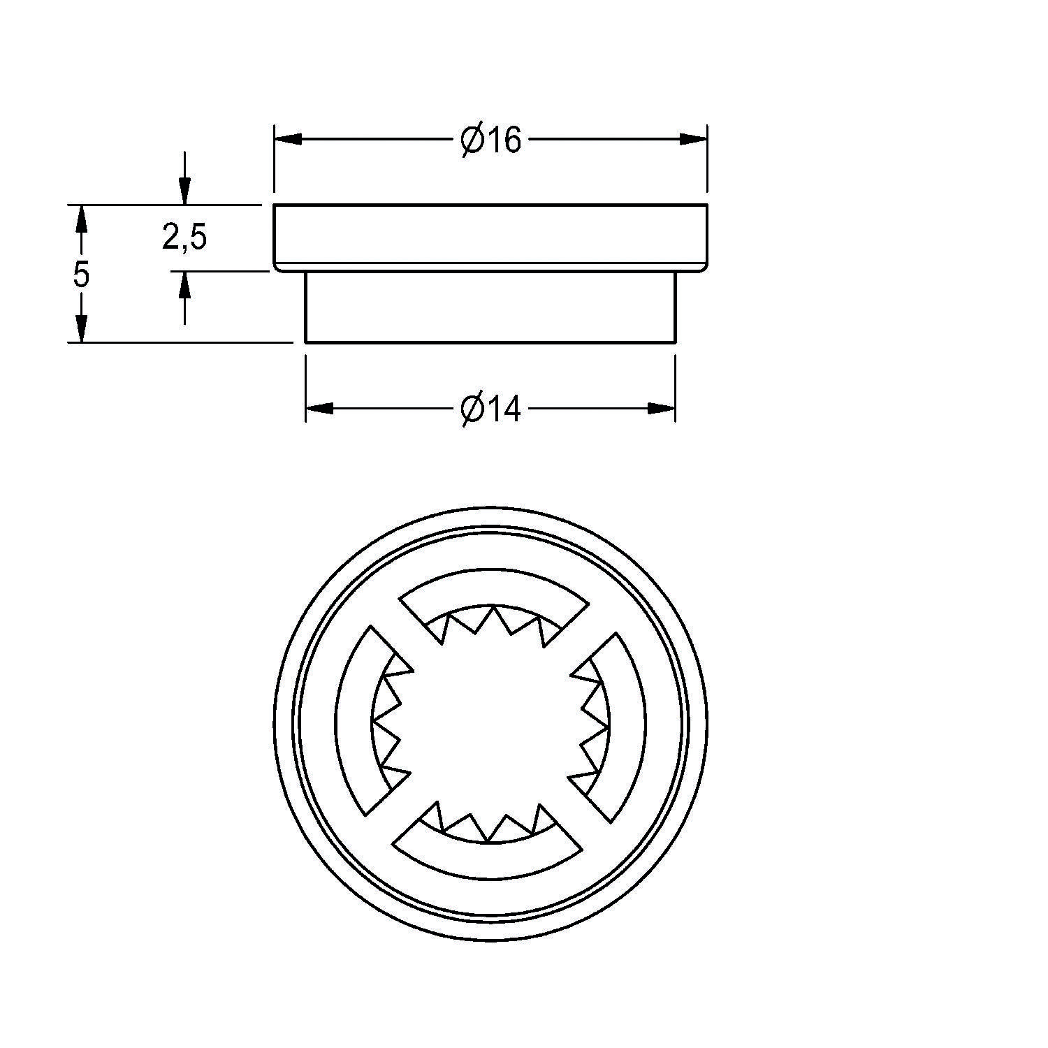 Eine technische Zeichnung, die eine kreisförmige Komponente mit folgenden Maßen zeigt: Außendurchmesser 16 mm, Höhe 5 mm, Rillentiefe 2,5 mm, Innendurchmesser 14 mm.