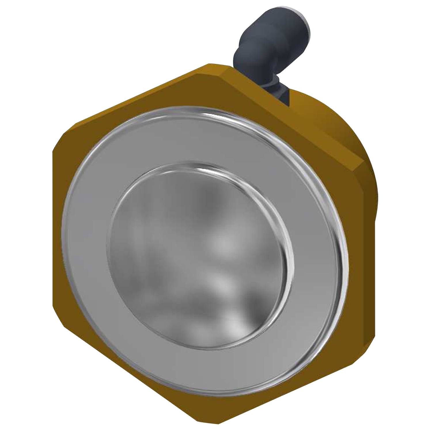 Ein metallischer Scheibensensor mit einer gelben sechseckigen Basis und einem schwarzen zylindrischen Anschluss oben, vor einem schwarzen Hintergrund.