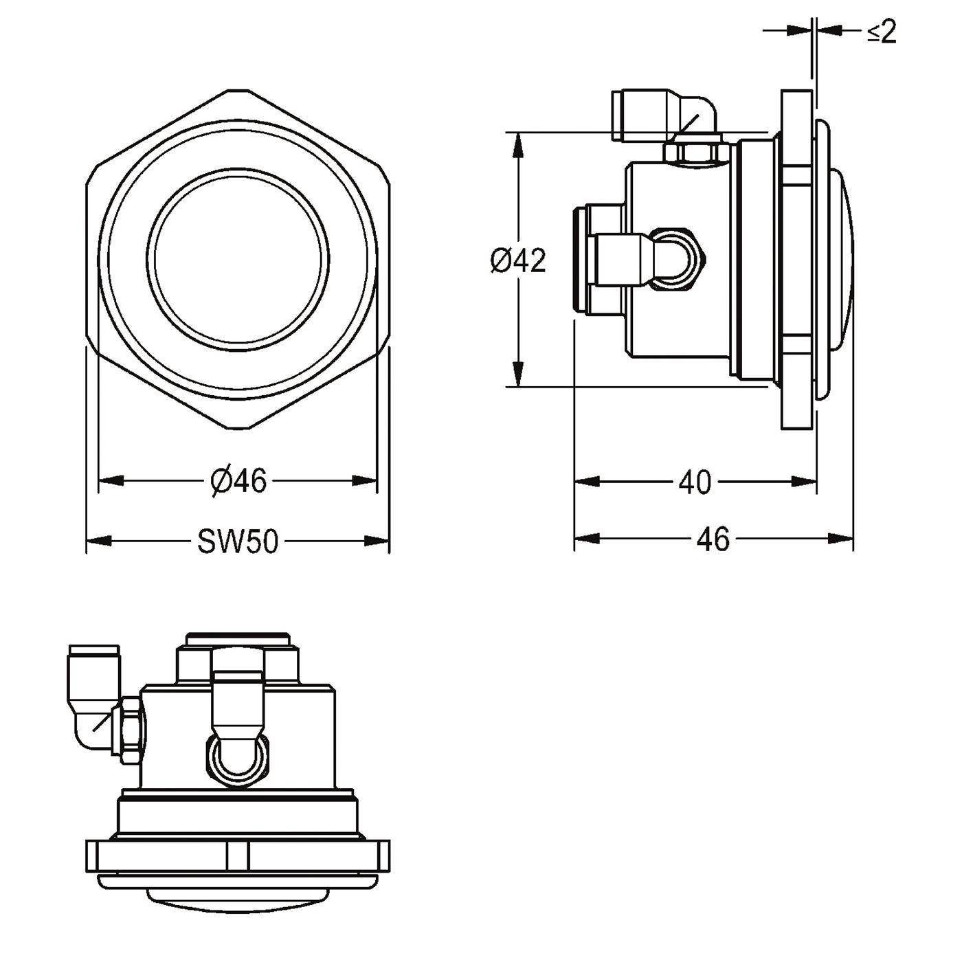 Technische Zeichnung eines kreisförmigen Industriebauteils mit Vorder-, Seiten- und Bodenansicht mit den Maßen SW50, Ø46, Ø42, 46, 40 und ≤2.