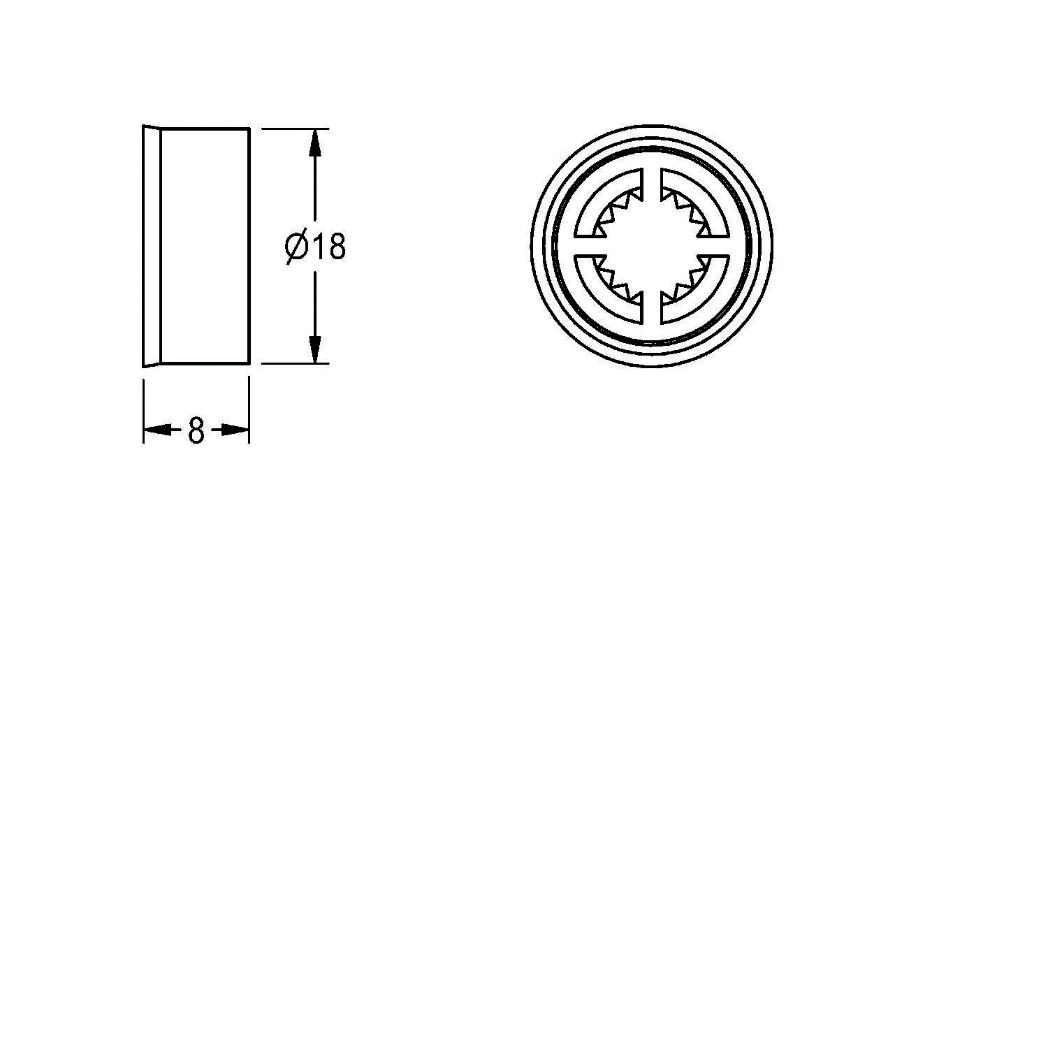Diagramm zeigt eine runde Komponente mit Zähnen und einem Durchmesser von 18 mm. Seitenansicht zeigt eine Tiefe von 8 mm.