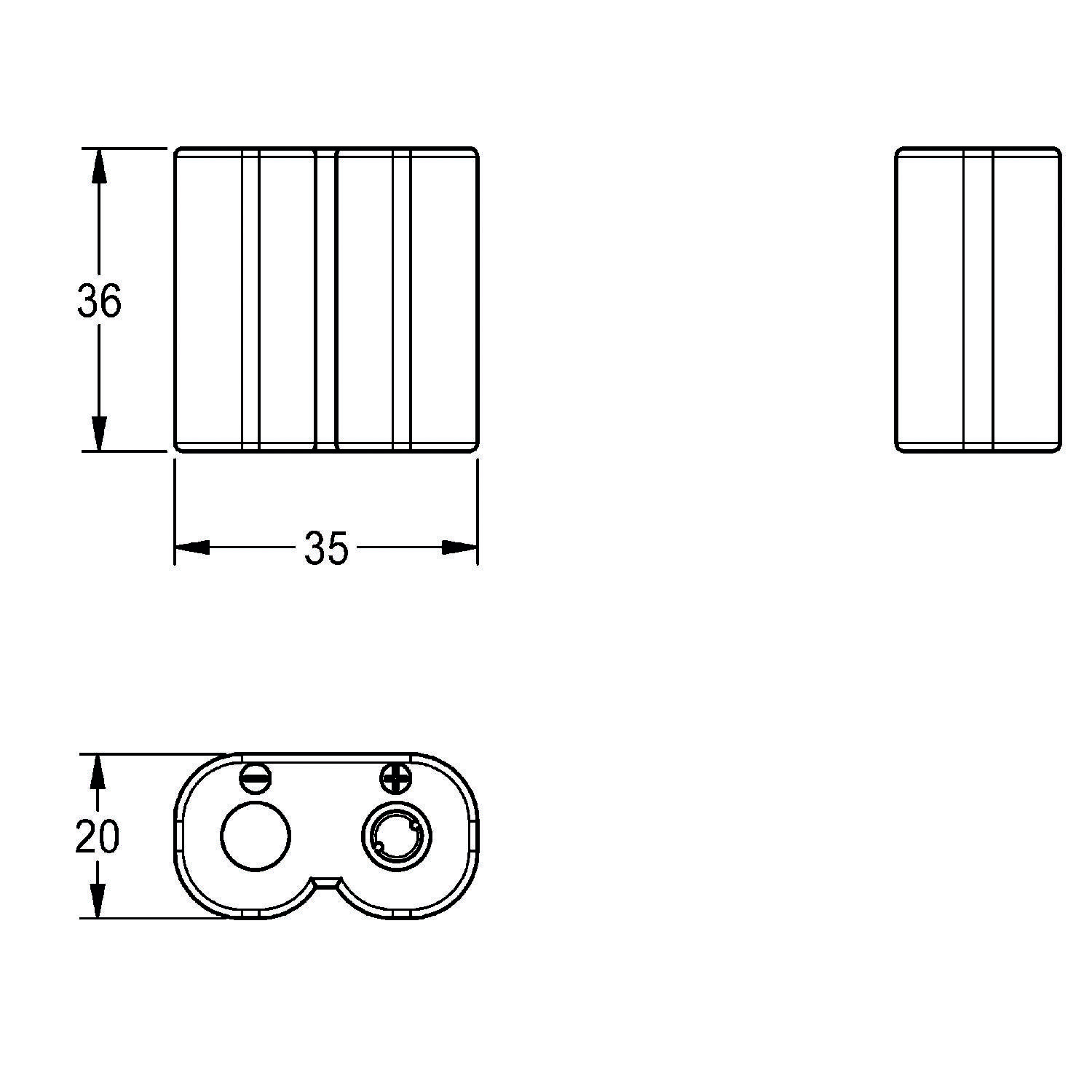 Technische Zeichnung eines mechanischen Bauteils mit Abmessungen von 35 x 36 mm und einer Höhe von 20 mm, bestehend aus mehreren zylindrischen und rechteckigen Abschnitten.