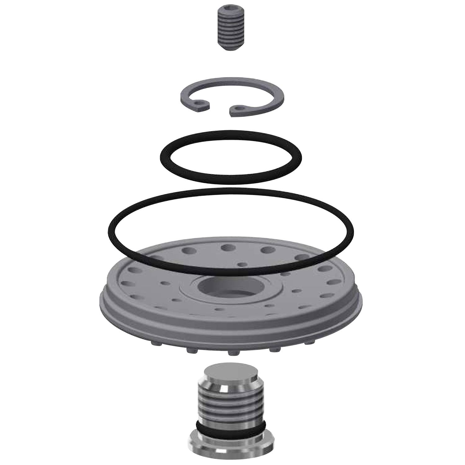 Explosionszeichnung einer mechanischen Baugruppe mit einem zylindrischen Deckel, Sicherungsring, O-Ring, Scheibe mit Löchern und einer Basiskomponente.