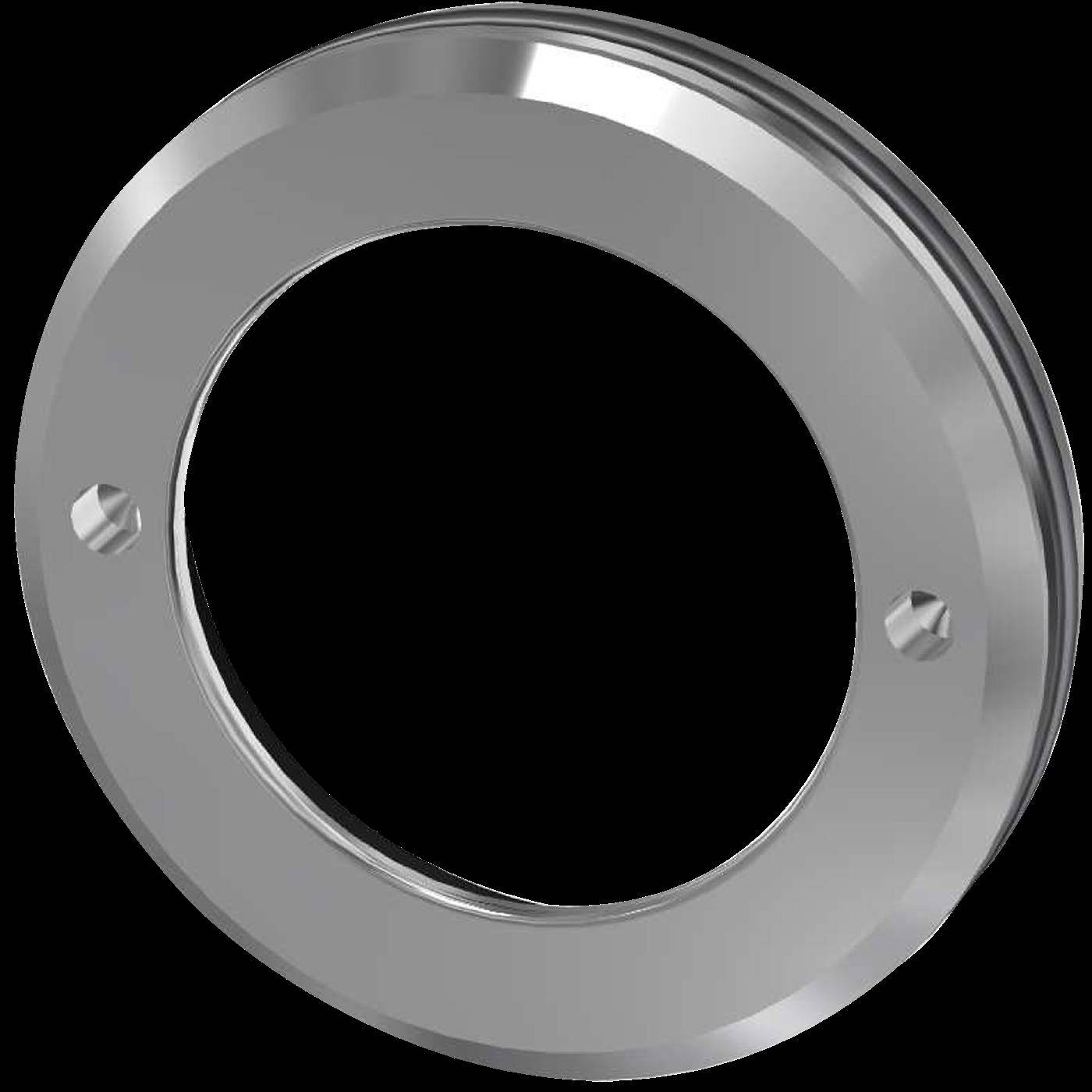 Silbermetall-Kreisflansch oder -ring mit großem mittleren Loch und zwei kleinen Schraubenlöchern auf schwarzem Hintergrund.