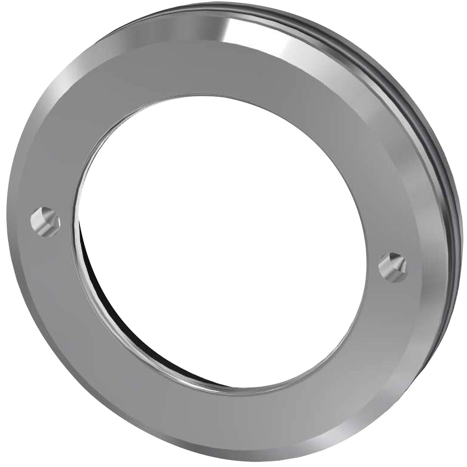 Kreisförmige Metallflansch mit zwei Schraublöchern auf schwarzem Hintergrund.
