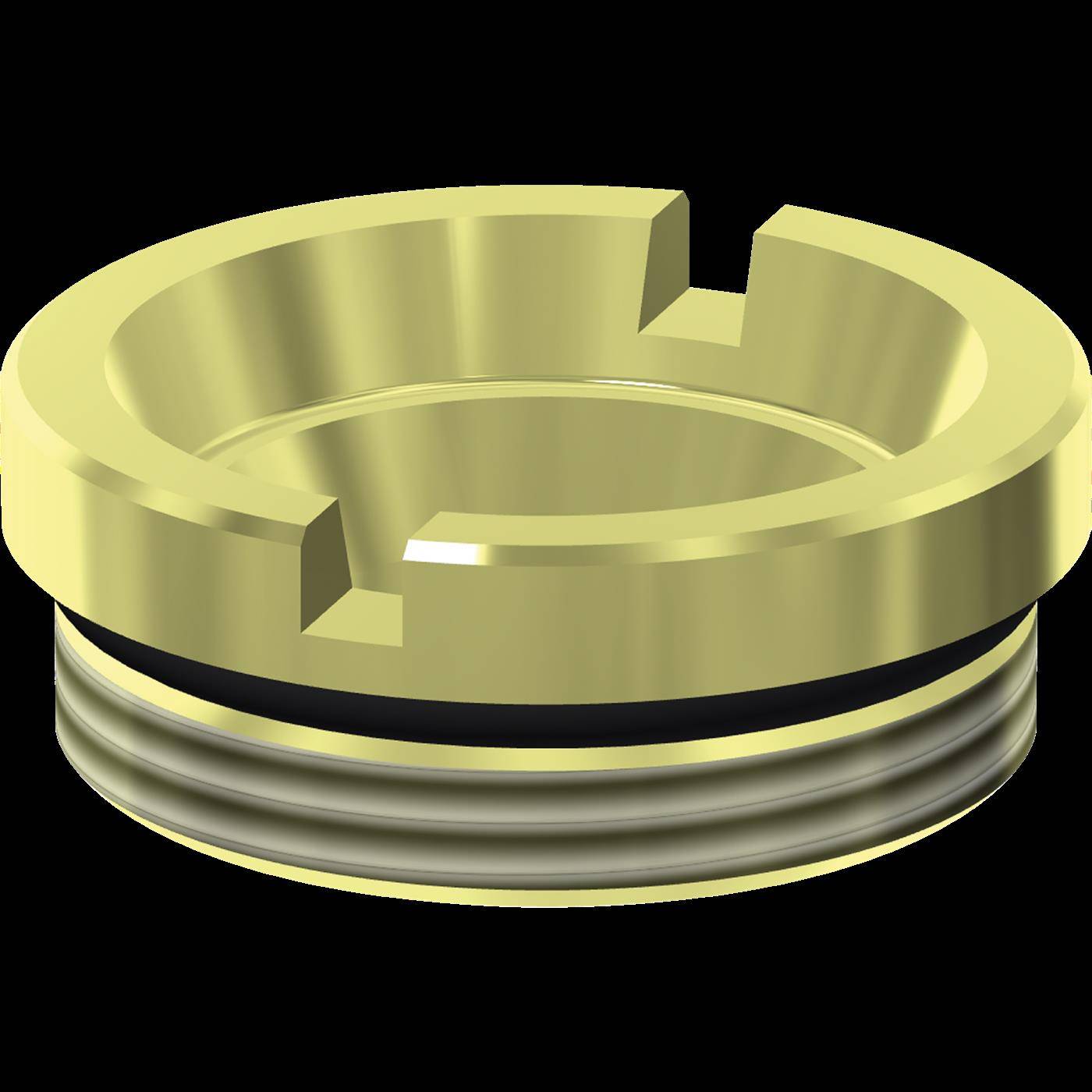 Goldmetallische mechanische Kappe oder Ring mit gewindeltem Sockel und seitlichen Kerben, isoliert auf schwarzem Hintergrund dargestellt.