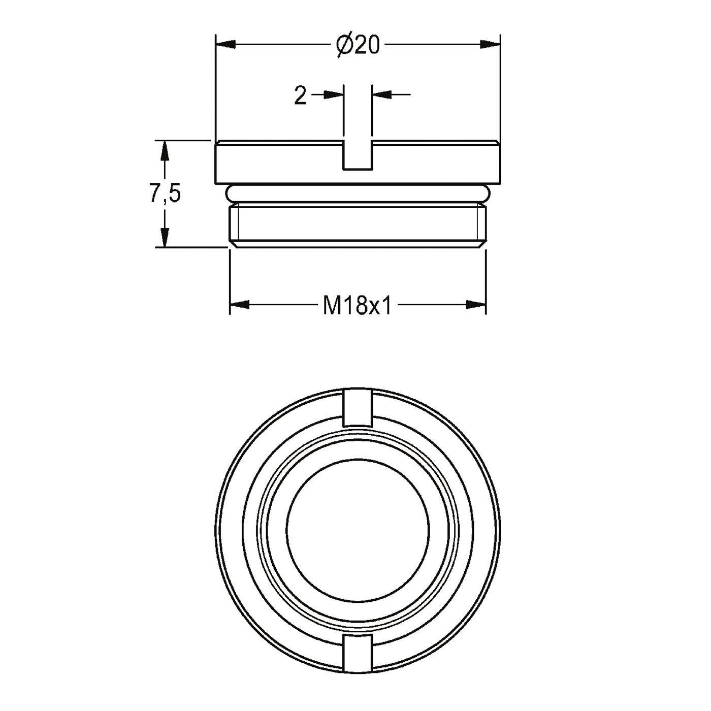 Technische Zeichnung eines kreisförmigen Gewindeteils mit schlitziger Oberseite, die Abmessungen Ø20, 7,5, 2 und M18x1 in Seiten- und Draufsichten zeigt.