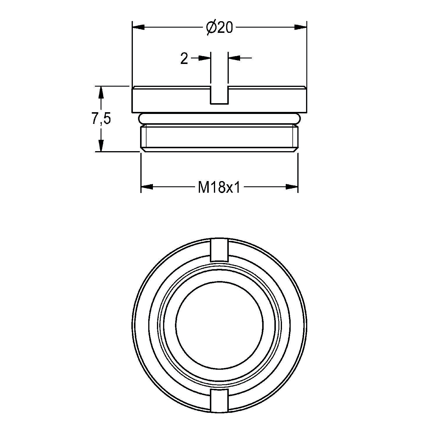 Technische Zeichnung einer kreisförmigen Komponente mit Ansicht von oben und der Seite. Maße: Durchmesser 20 mm, Tiefe 7,5 mm, mit M18x1 Gewinde.