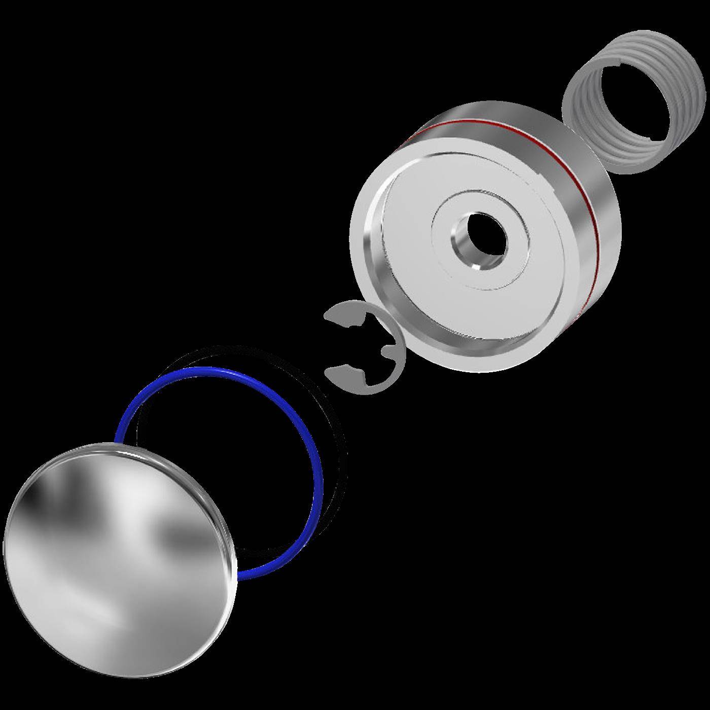 Explosionszeichnung eines metallischen Kreismechanismus auf schwarzem Hintergrund, der eine Frontkappe, einen Haltering, eine blaue Dichtung und ein Gewindegehäuse hinten zeigt.