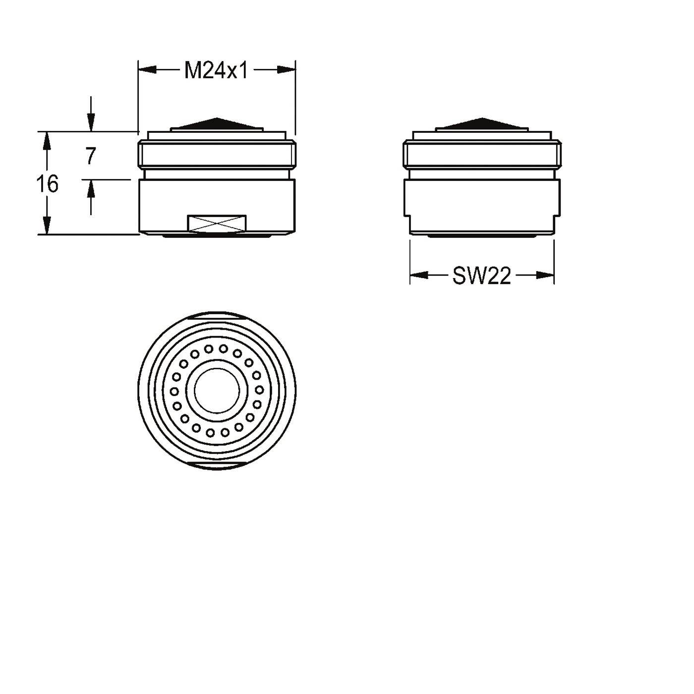 Technische Zeichnung eines kleinen zylindrischen Teils mit Draufsicht und Vorderansicht sowie einer kreisförmigen Endansicht, beschriftet mit M24x1, SW22, 16 und 7 Abmessungen.