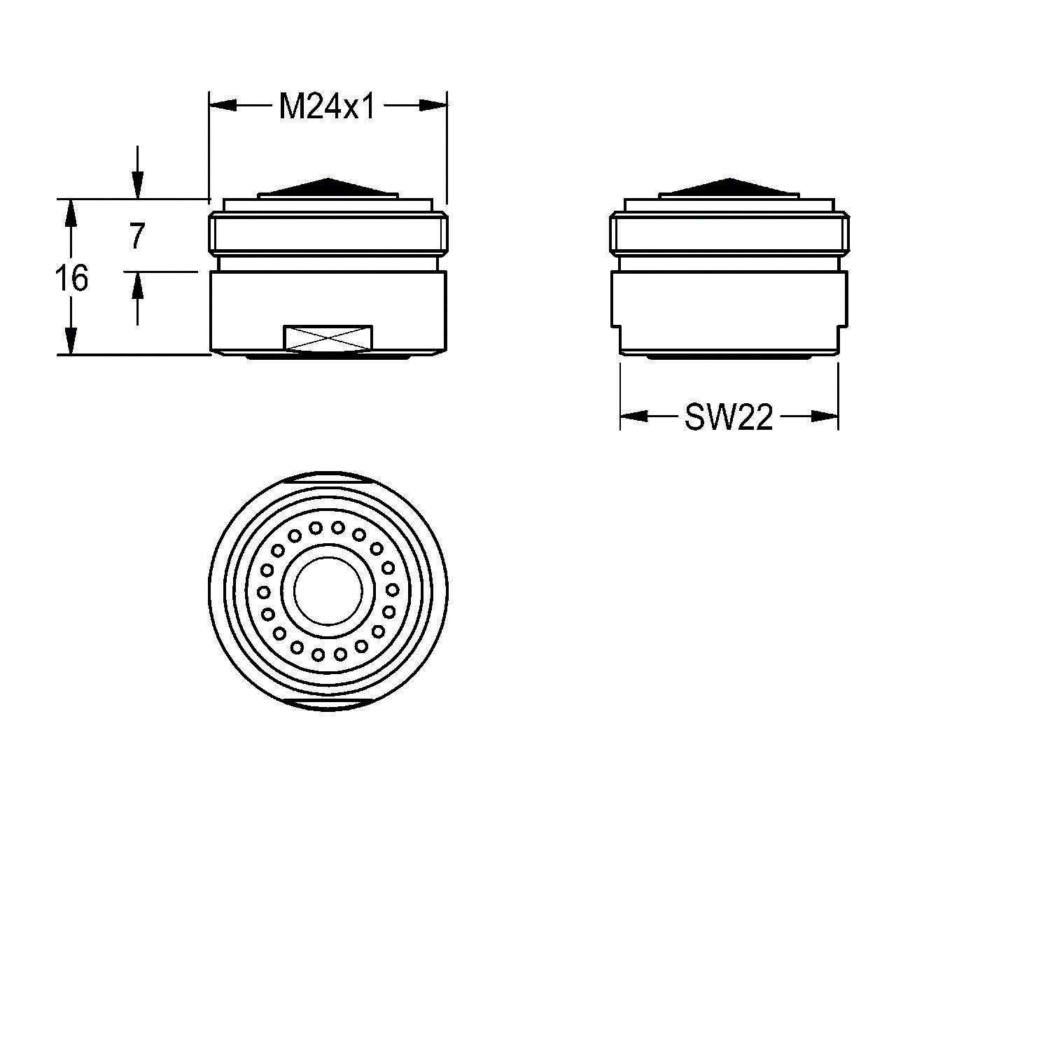 Technische Zeichnung einer zylindrischen Komponente mit Abmessungen: Höhe 16 mm, Durchmesser 24 mm, mit Beschriftung M24x1 SW22.