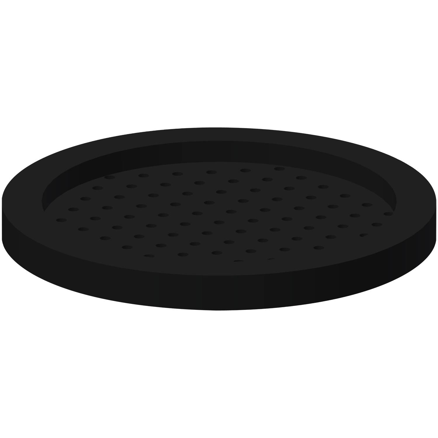 Eine runde schwarze Duschablaufabdeckung mit kleinen kreisförmigen Löchern, die gleichmäßig über ihre Oberfläche verteilt sind.