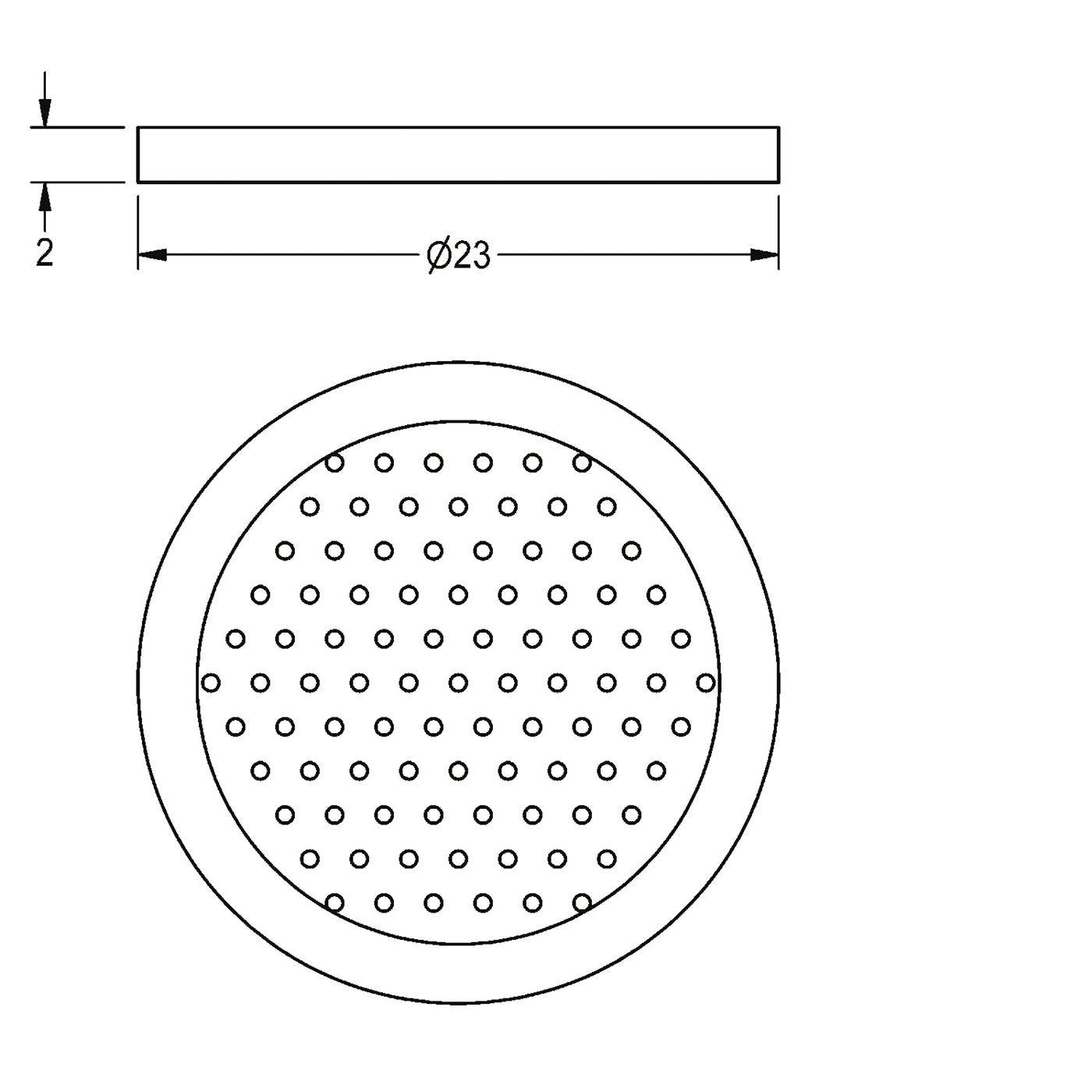 Technische Zeichnung einer runden perforierten Scheibe, dargestellt in Seiten- und Draufsicht, mit 23 mm Durchmesser und 2 mm Dicke.