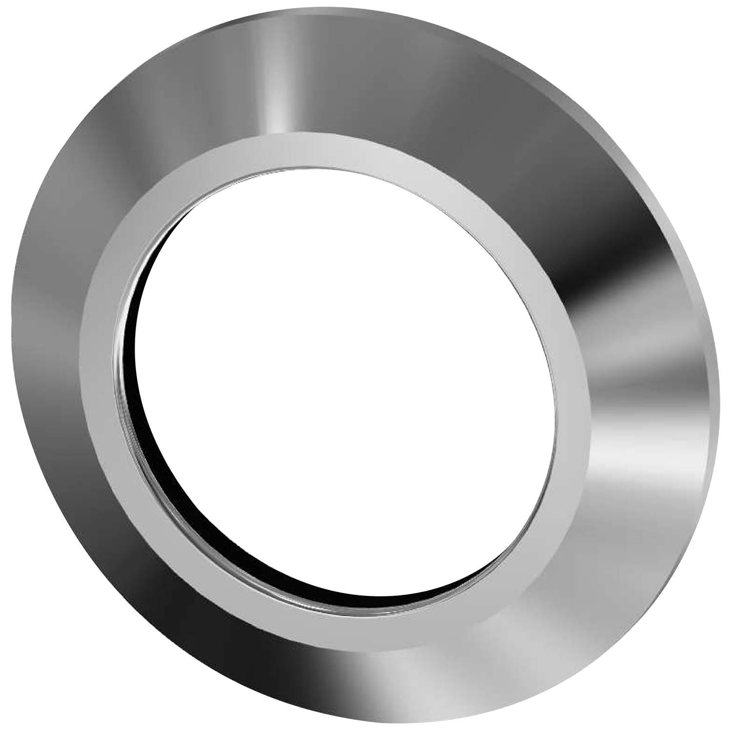 Ein glänzender, metallischer Ring mit reflektierender Oberfläche vor einem schwarzen Hintergrund.