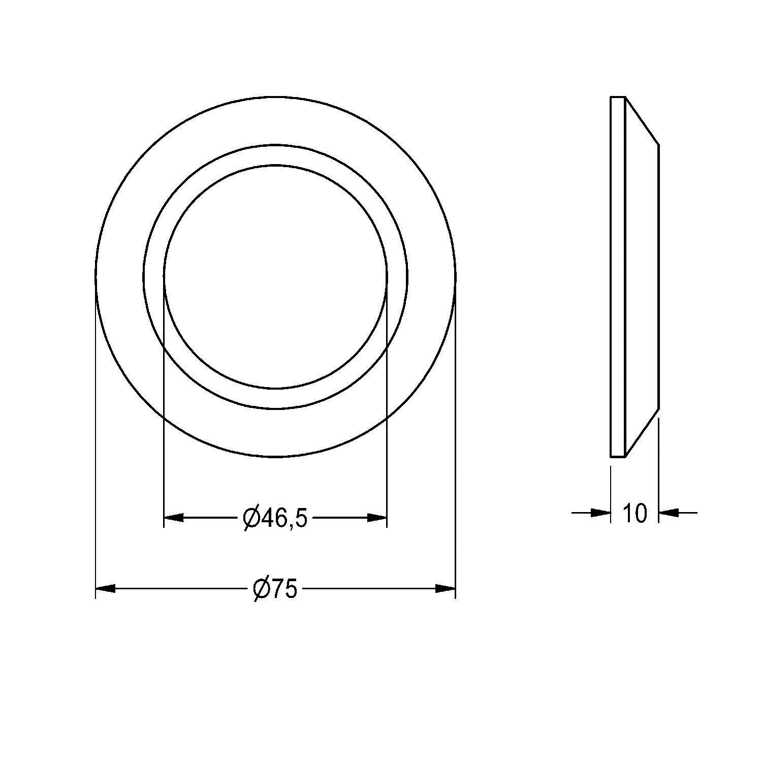 Diagramm eines kreisförmigen Objekts mit Abmessungen: Außendurchmesser 75 mm, Innendurchmesser 46,5 mm und Dicke 10 mm.