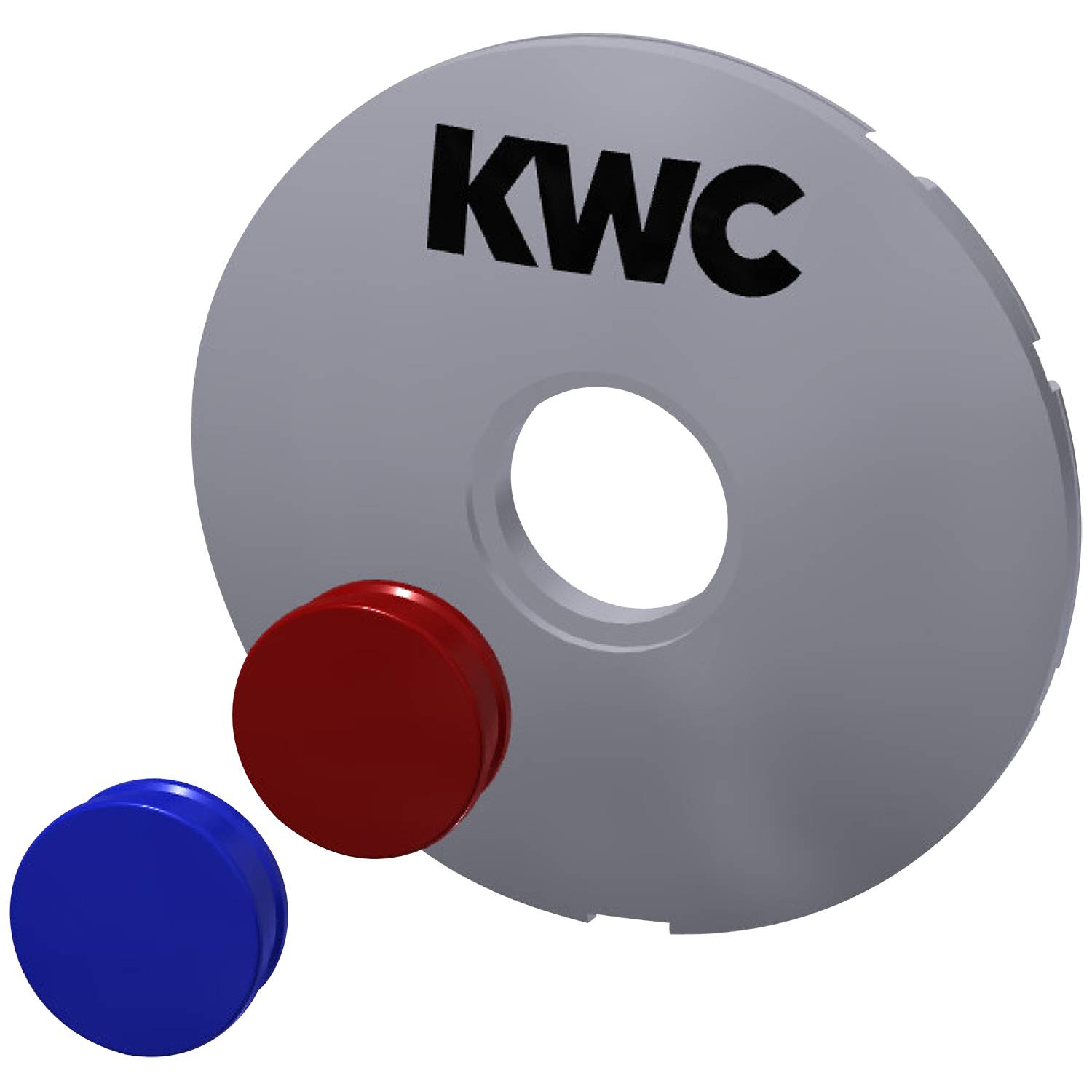 Ein grauer kreisförmiger Gegenstand mit schwarzem 'KWC'-Text. Ein roter und ein blauer kreisförmiger Gegenstand befinden sich in der Nähe und ähneln Tasten oder Markern.