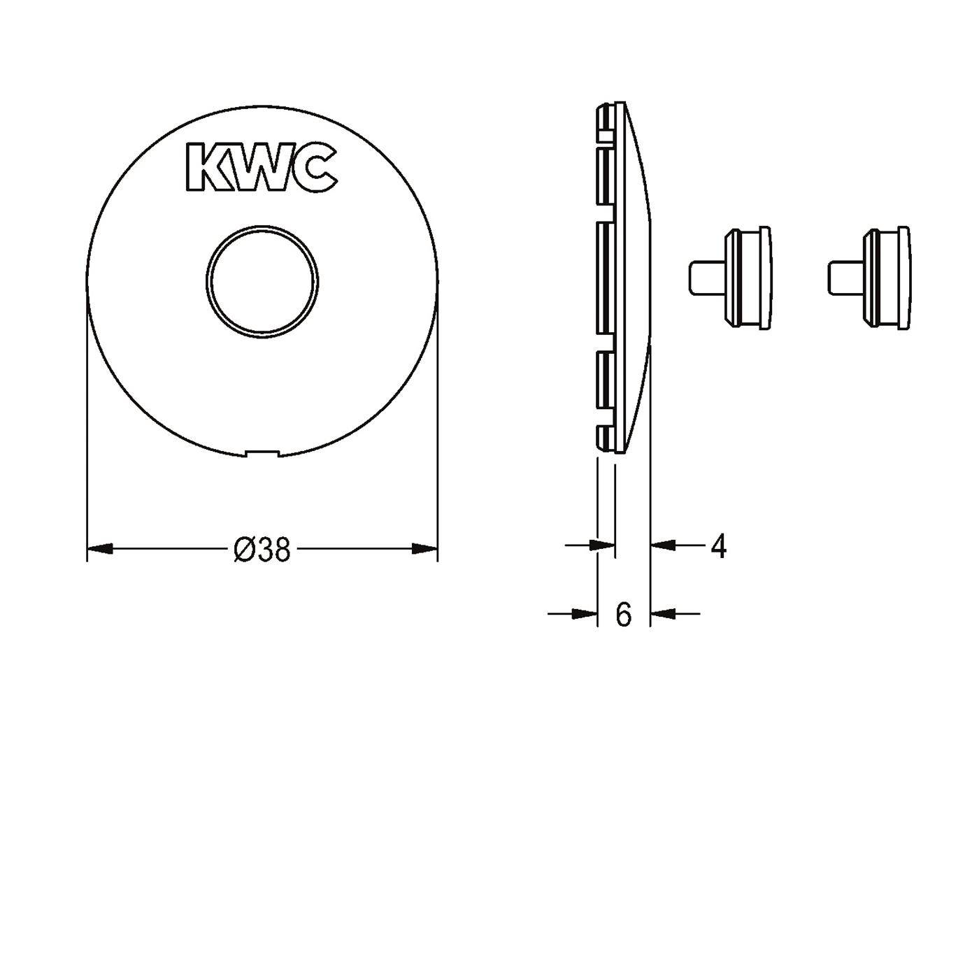 Technische Zeichnung eines runden KWC-Teils, Vorder- und Seitenansicht, gekennzeichnet mit 38 mm Durchmesser, 6 mm Dicke und 4 mm Versatz.