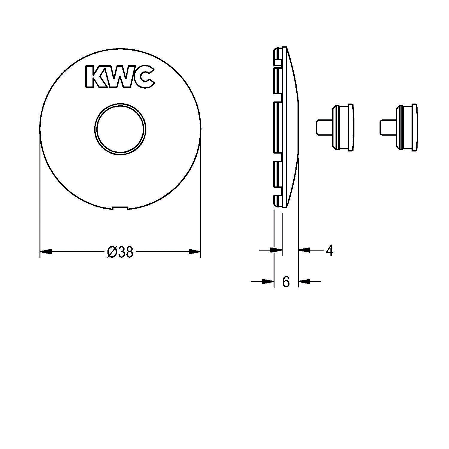 Technische Zeichnung mit einer kreisförmigen Komponente, beschriftet mit 'KWC', mit Seiten- und Frontansicht. Durchmesser beträgt 38 mm, Tiefe 6 mm mit einem 4 mm Einsatz.