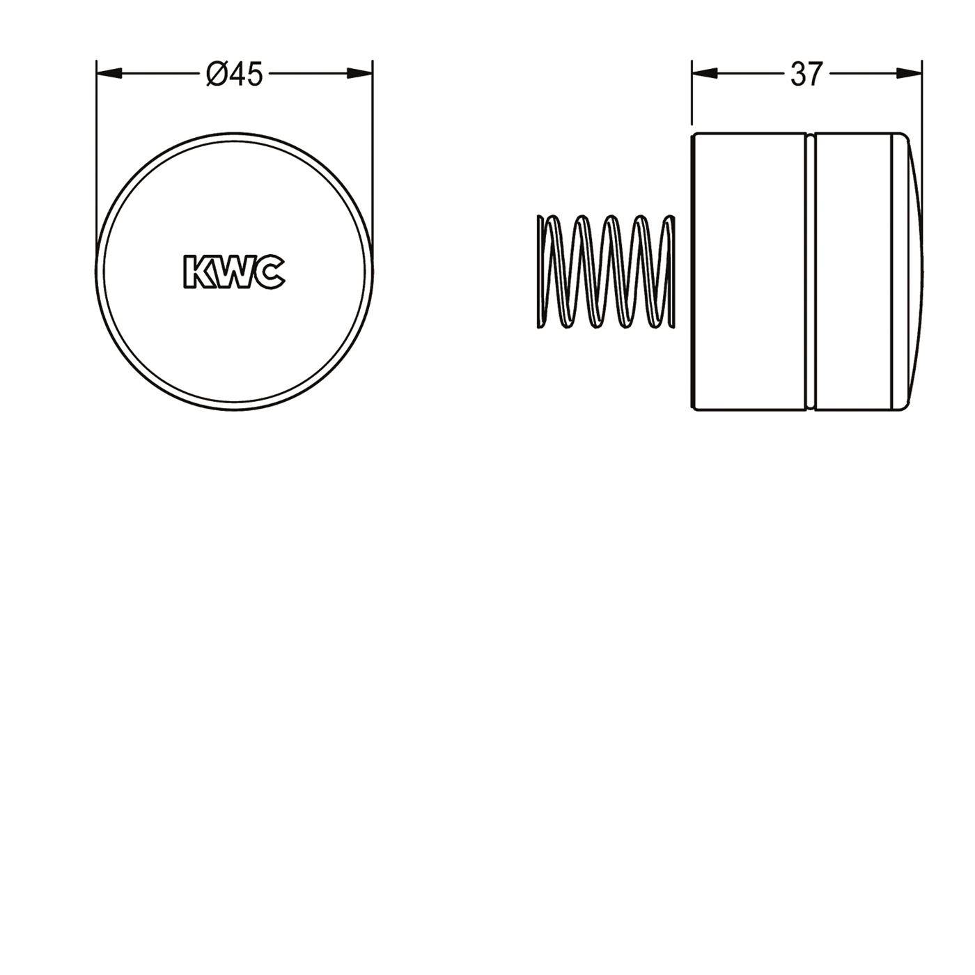 Technische Zeichnung eines runden KWC-Teils mit Vorder- und Seitenansicht mit Abmessungen: 45 mm Durchmesser und 37 mm Tiefe, plus Federanbringung.