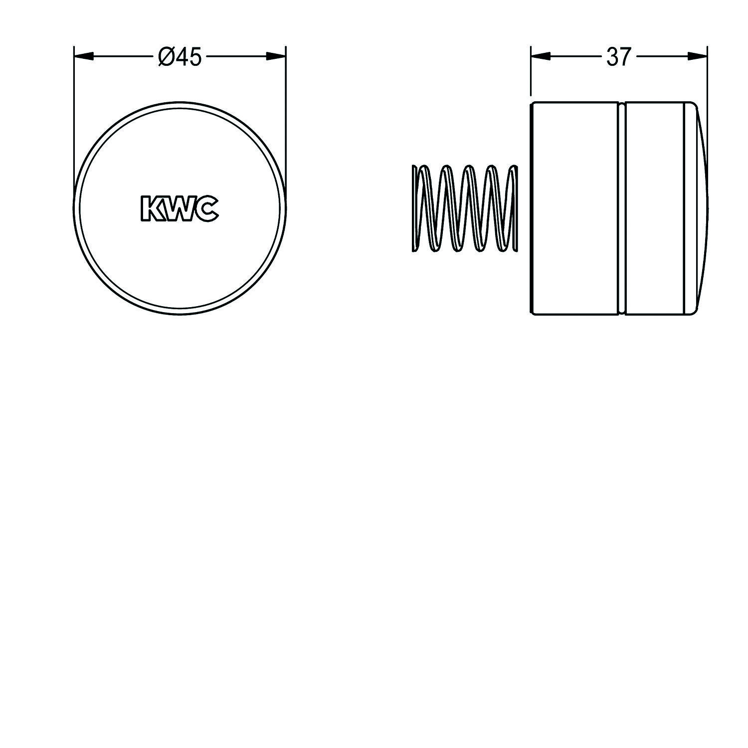 Technische Zeichnung eines zylindrischen Objekts mit 'KWC'-Beschriftung. Abmessungen: 45 mm Durchmesser, 37 mm Tiefe, enthält eine Feder.