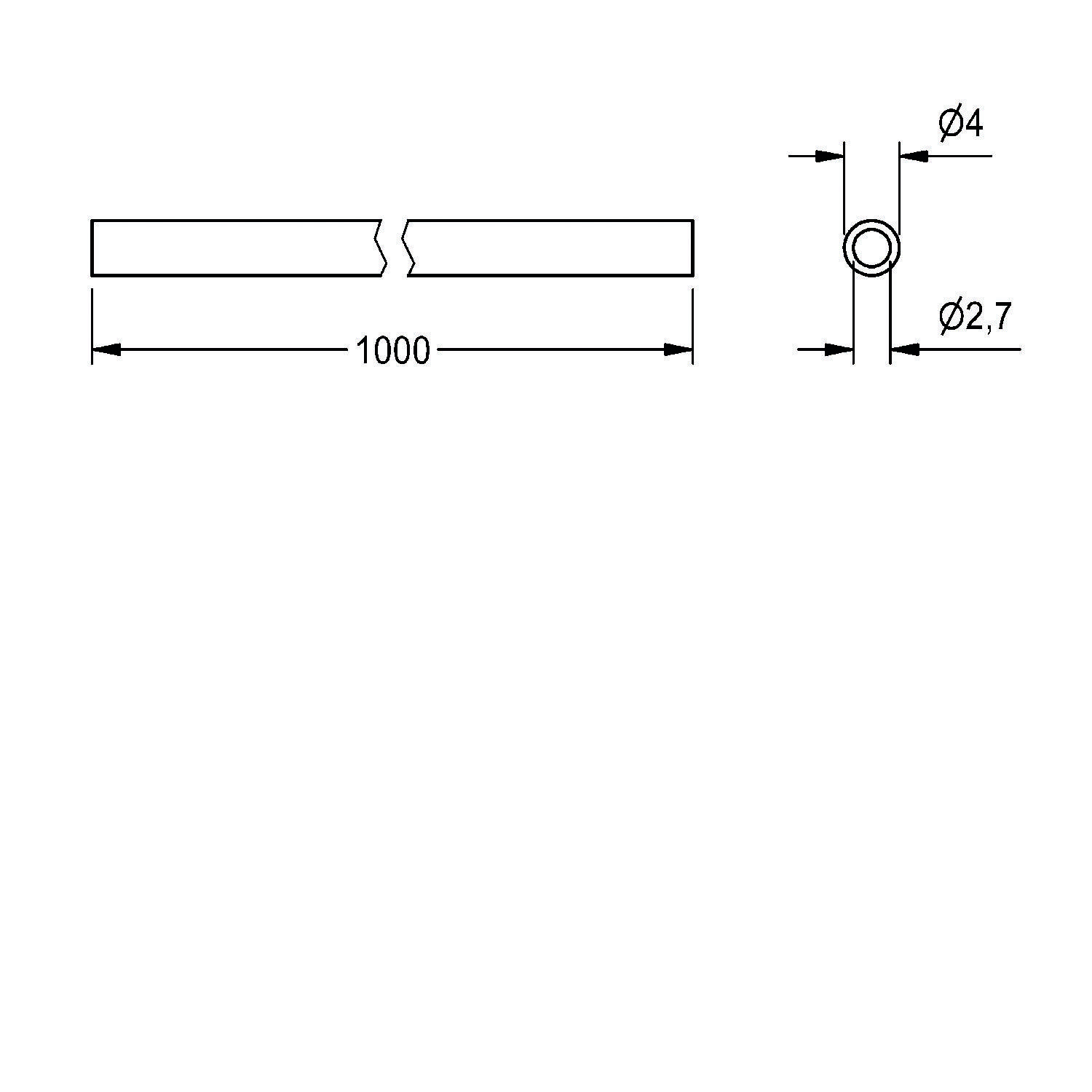 Eine technische Zeichnung eines Stabes, geschnitten auf eine Länge von 1000 mm mit einem Durchmesser von 2,7 mm, mit einem kreisrunden Loch von 4 mm Durchmesser nahe einem Ende.