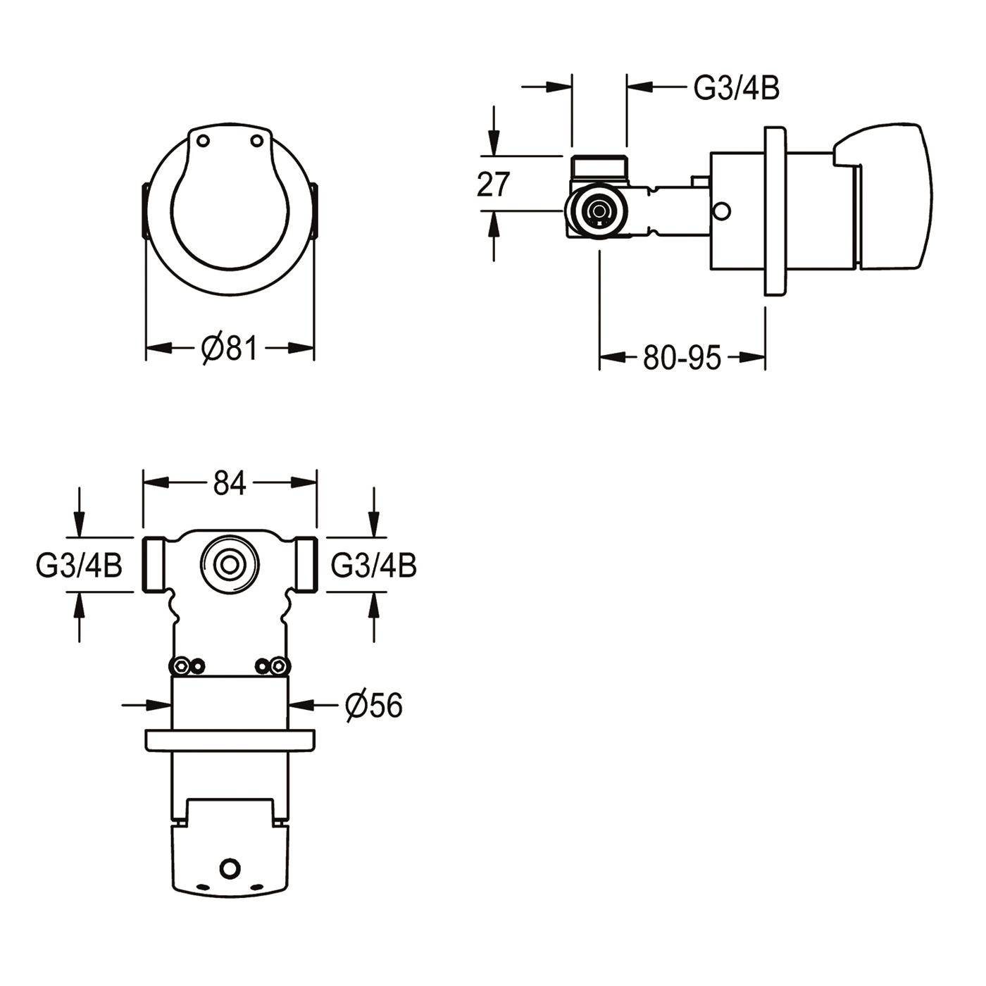 Technische Zeichnung eines zylindrischen Ventils oder einer Armatur mit Vorder- und Seitenansicht mit Abmessungen Ø81, Ø56, 84, 80-95, 27 und G3/4B-Anschlüssen.