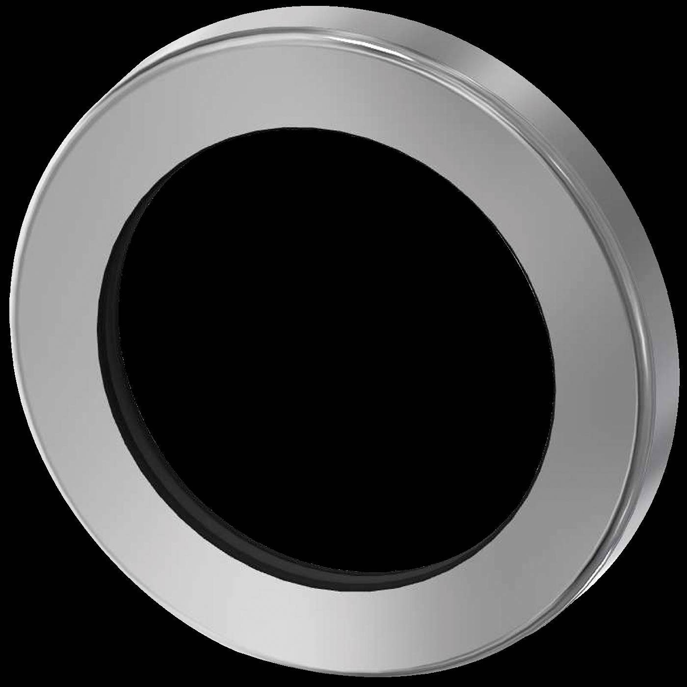 Silberner kreisförmiger Metallring oder Fassung mit schwarzem Mittelpunkt, gezeigt auf einfachem Hintergrund.