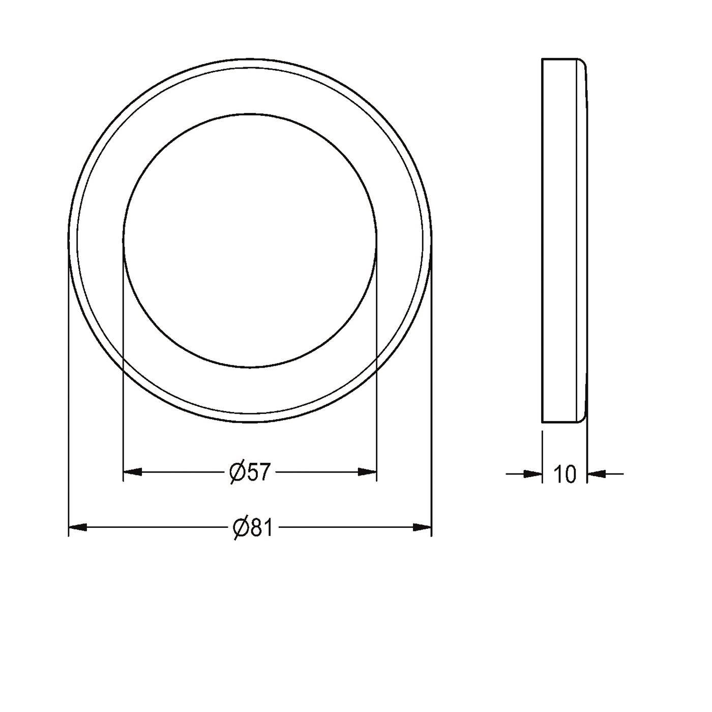 Technische Zeichnung eines kreisförmigen Teils mit Außendurchmesser 81 mm, Innendurchmesser 57 mm und Dicke 10 mm, dargestellt in Vorder- und Seitenansicht.