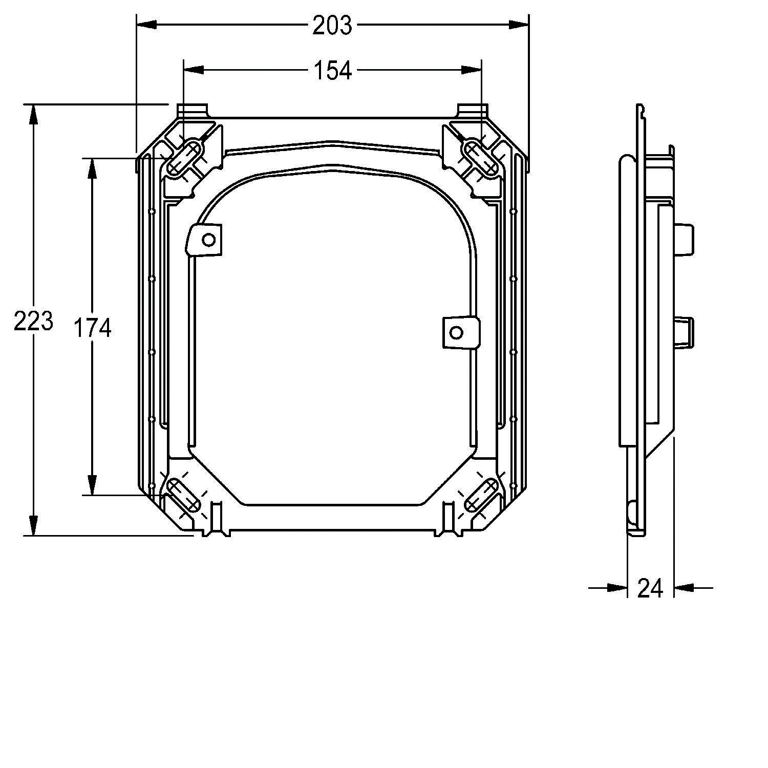 Technische Zeichnung eines Quadratmechanismus mit Abmessungen: 223x203 mm Vorderansicht und 24 mm Tiefe in der Seitenansicht. Zentrale Breite: 154 mm.