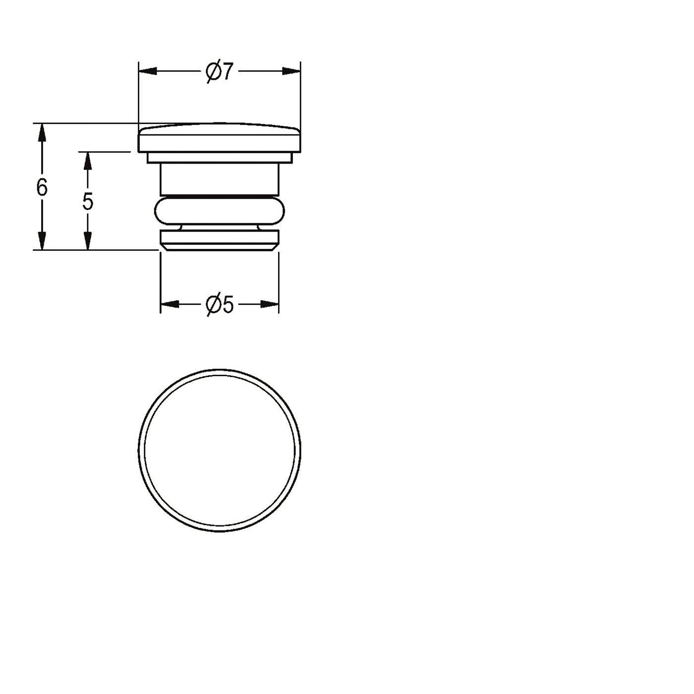 Technische Zeichnung eines kleinen runden zylindrischen Teils mit Seiten- und Draufsicht mit Abmessungen: 7 mm Durchmesser, 5 mm innerer Bereich und 6 mm Höhe.