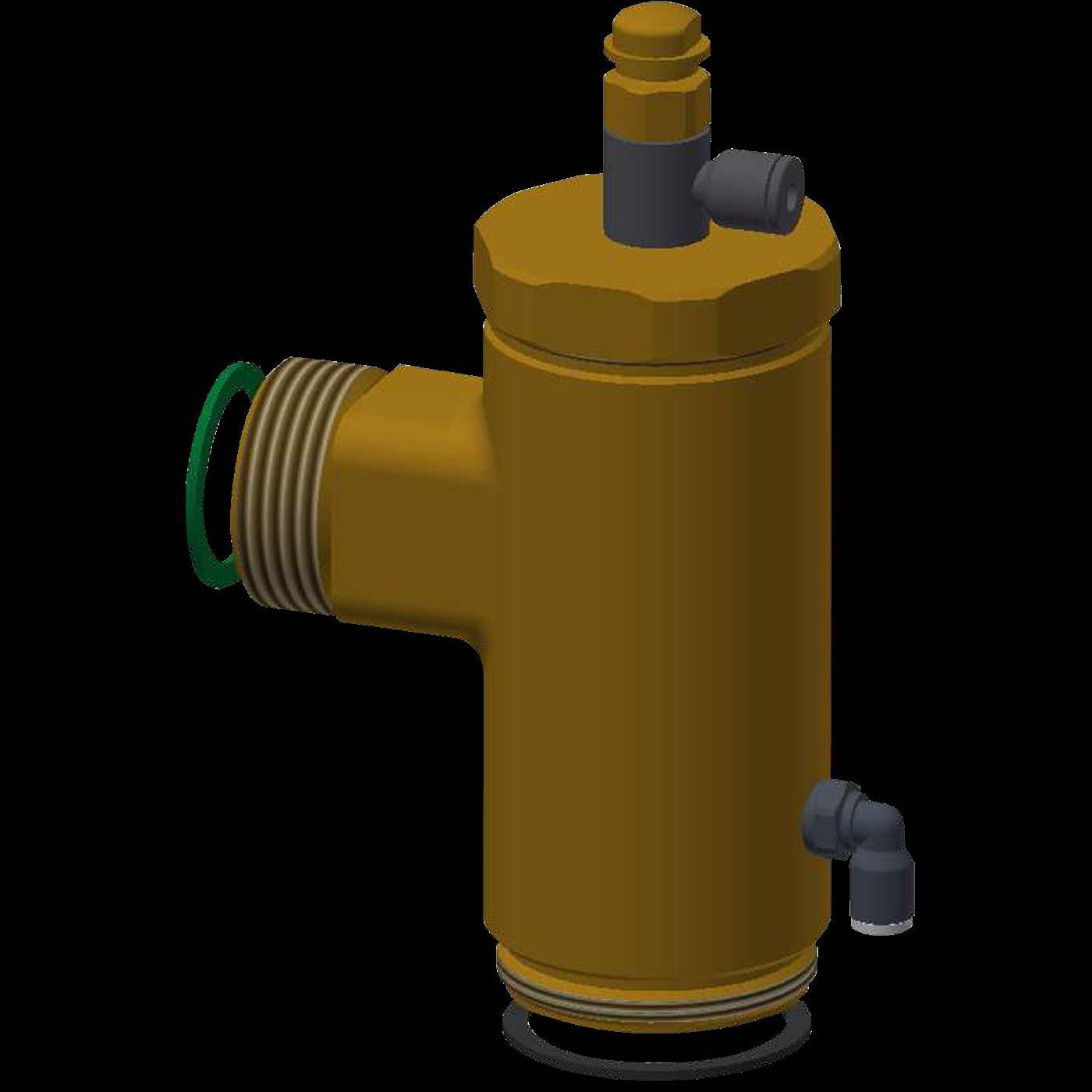 3D-Rendering eines goldfarbenen zylindrischen mechanischen Ventils oder Filtergehäuses mit seitlichem Gewinde-Einlass, oberer Kappe und kleinem seitlichem Auslass auf schwarzem Hintergrund
