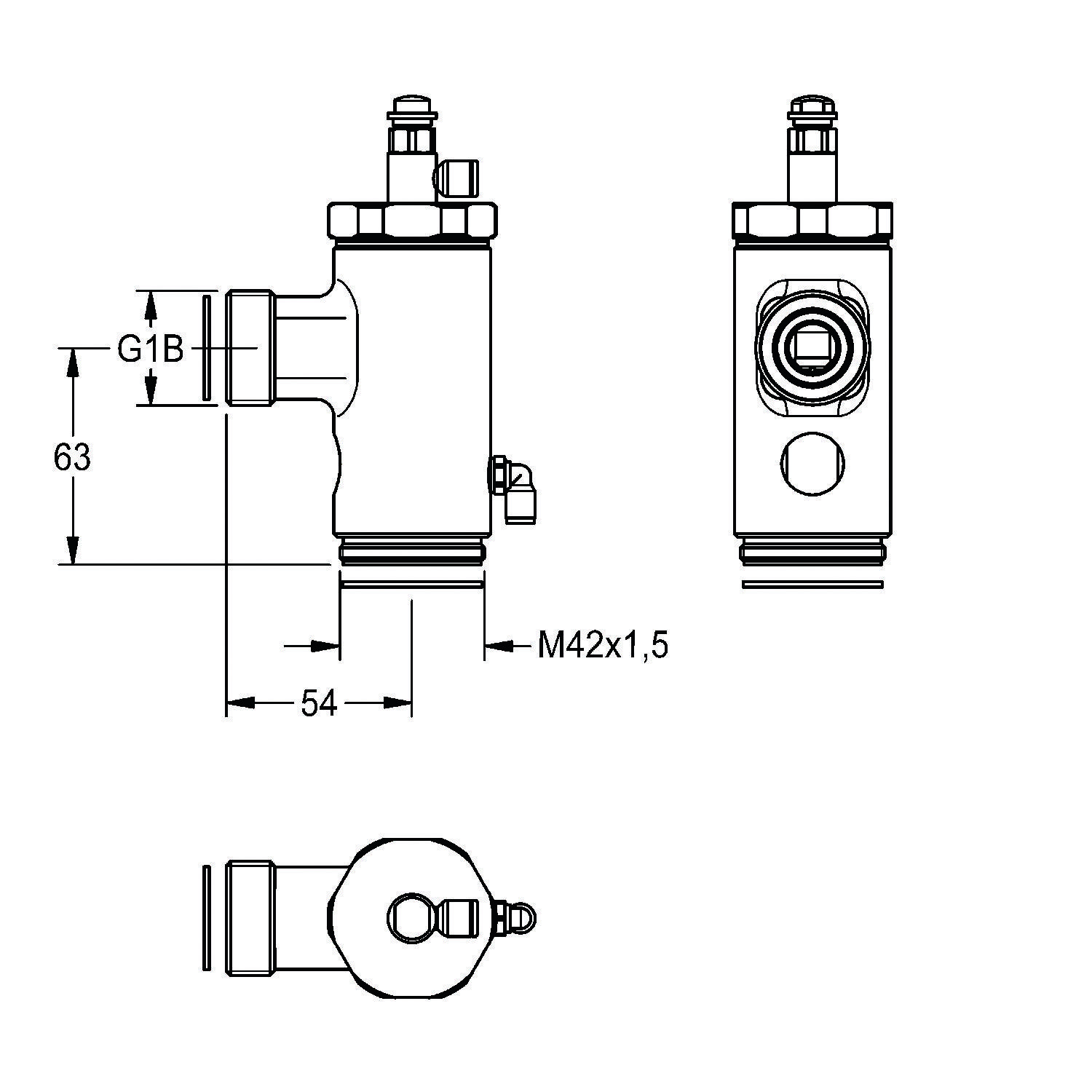 Eine technische Zeichnung eines Ventil-Adapters mit Abmessungen: 63 mm Höhe, 54 mm Breite; beschriftet mit ‚G1B' und ‚M42x1,5'. Seiten- und Frontansicht enthalten.