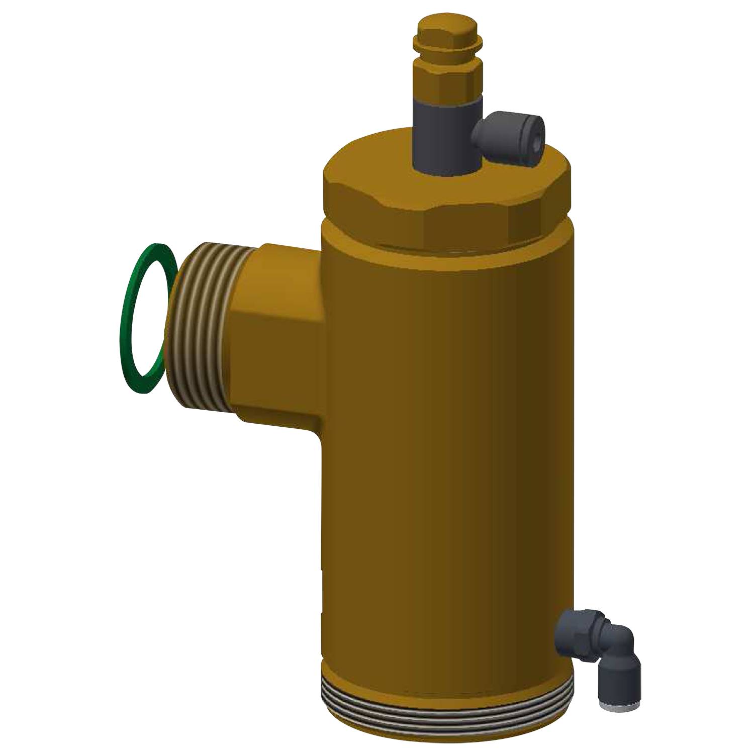 Ein 3D-gerendertes Bild einer zylindrischen, braunen hydraulischen Komponente mit mehreren Anschlüssen, vor einem schwarzen Hintergrund.