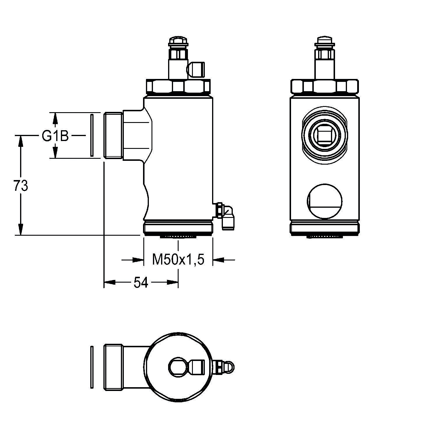 Technische Zeichnung einer zylindrischen Komponente mit Gewindeabschnitten, Seiten- und Draufsicht. Abmessungen umfassen 73 mm Höhe und 54 mm Breite.