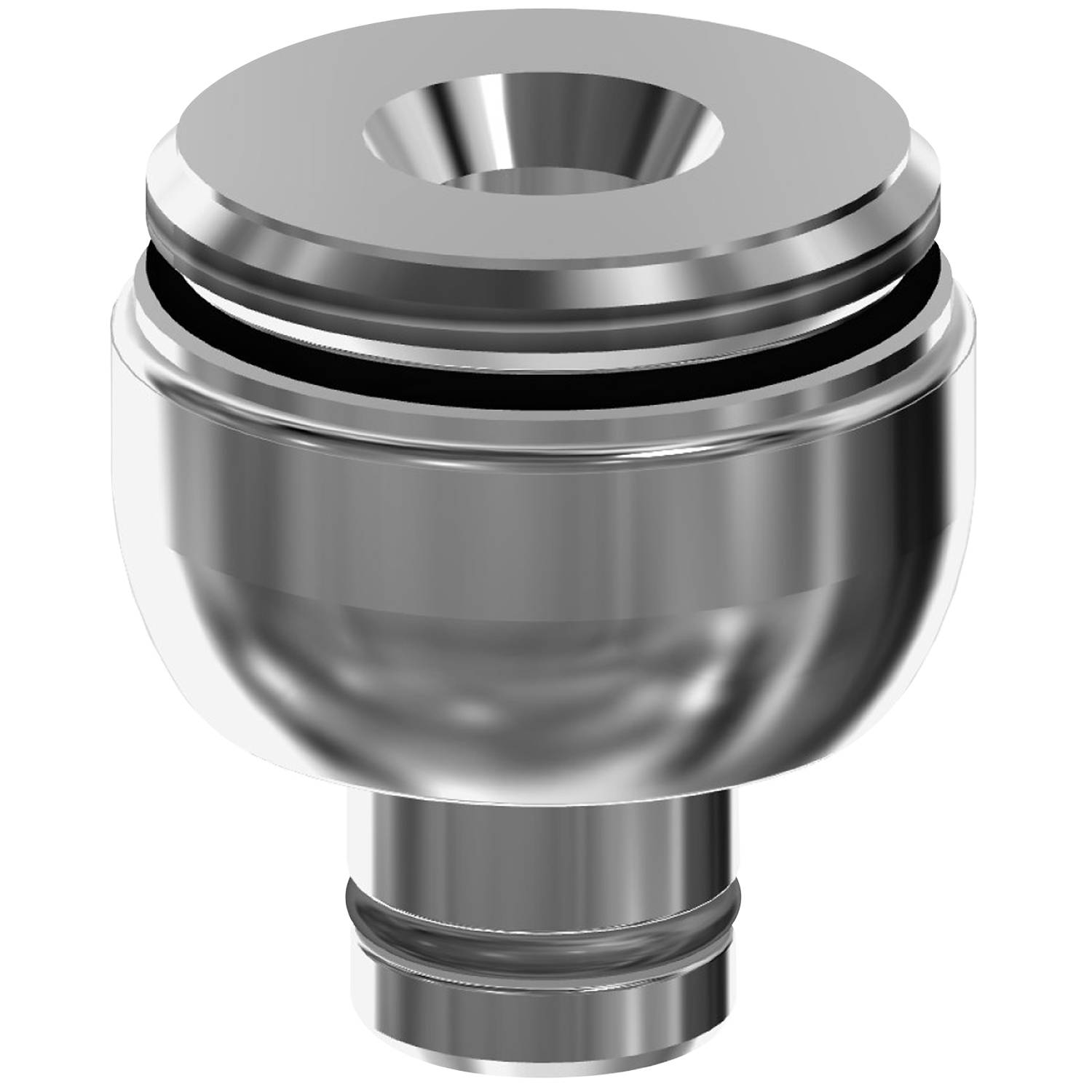 Eine glänzende Metallkomponente mit einer kreisförmigen Basis und einem zylindrischen Oberteil mit einer vertieften Mitte, die an ein mechanisches oder industrielles Bauteil erinnert.