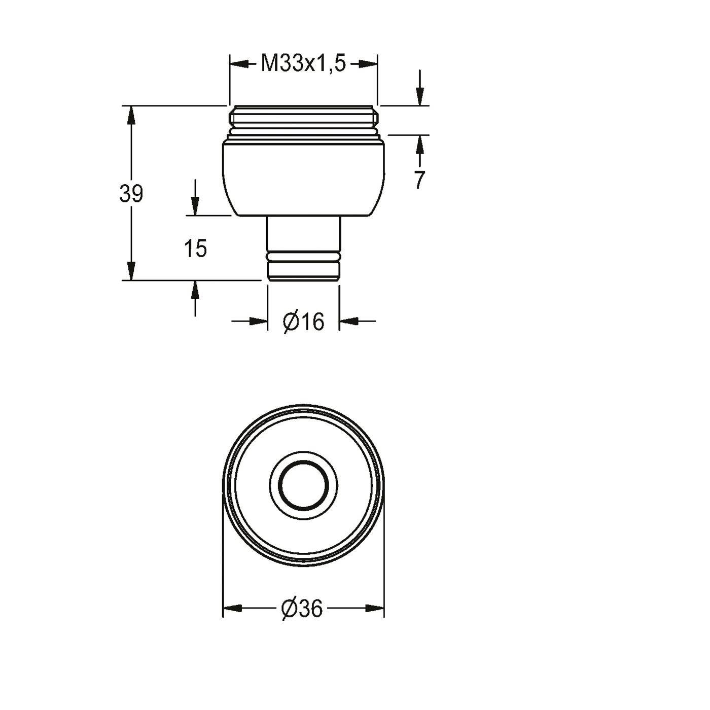 Technische Zeichnung eines Gewindeteils mit Abmessungen: M33x1,5 Gewinde, 39 mm Gesamthöhe, 36 mm Durchmesser, 16 mm unterer Durchmesser und 7/15 mm Abschnitte.