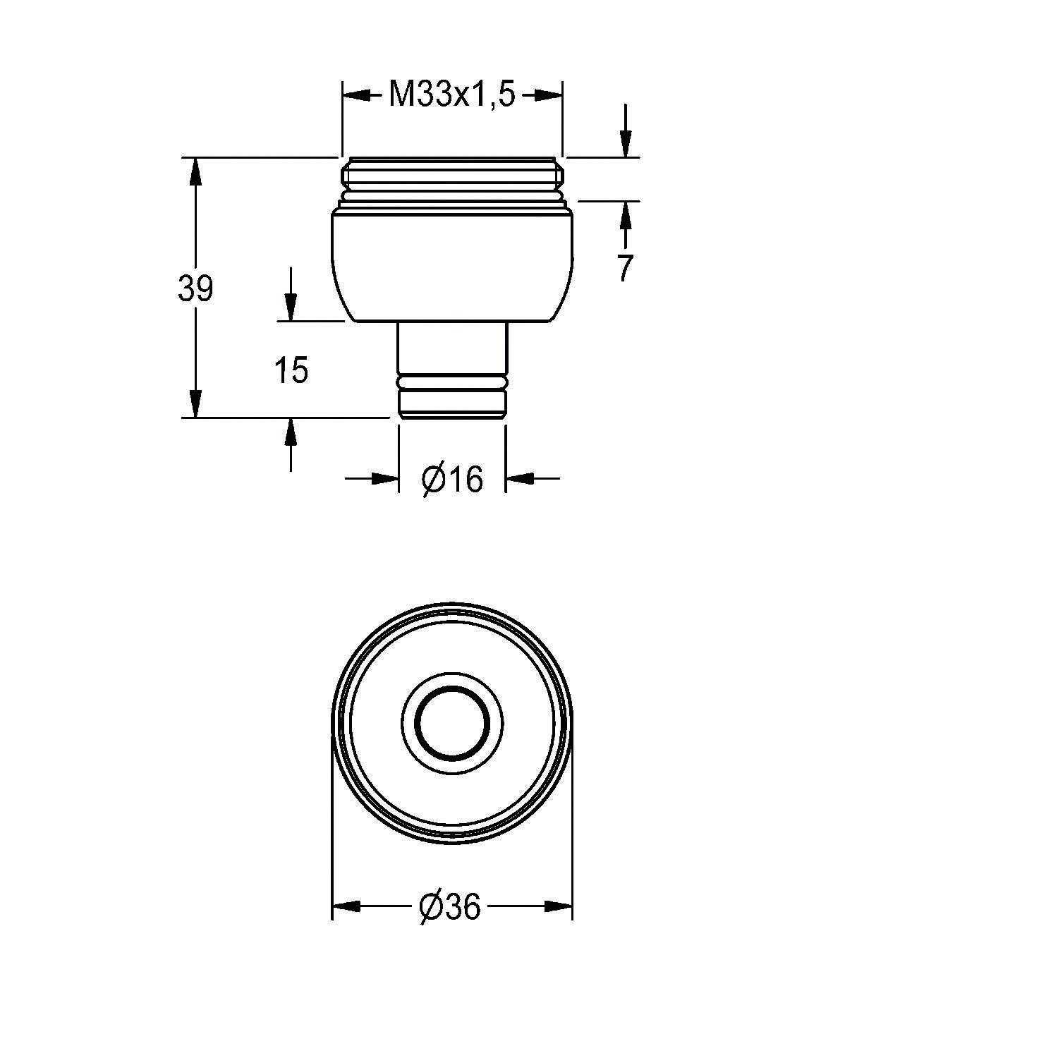 Technische Zeichnung eines zylindrischen mechanischen Teils mit Gewinde M33x1,5. Abmessungen: Höhe 39 mm, Schnittdurchmesser 16 mm, Basisdurchmesser 36 mm.